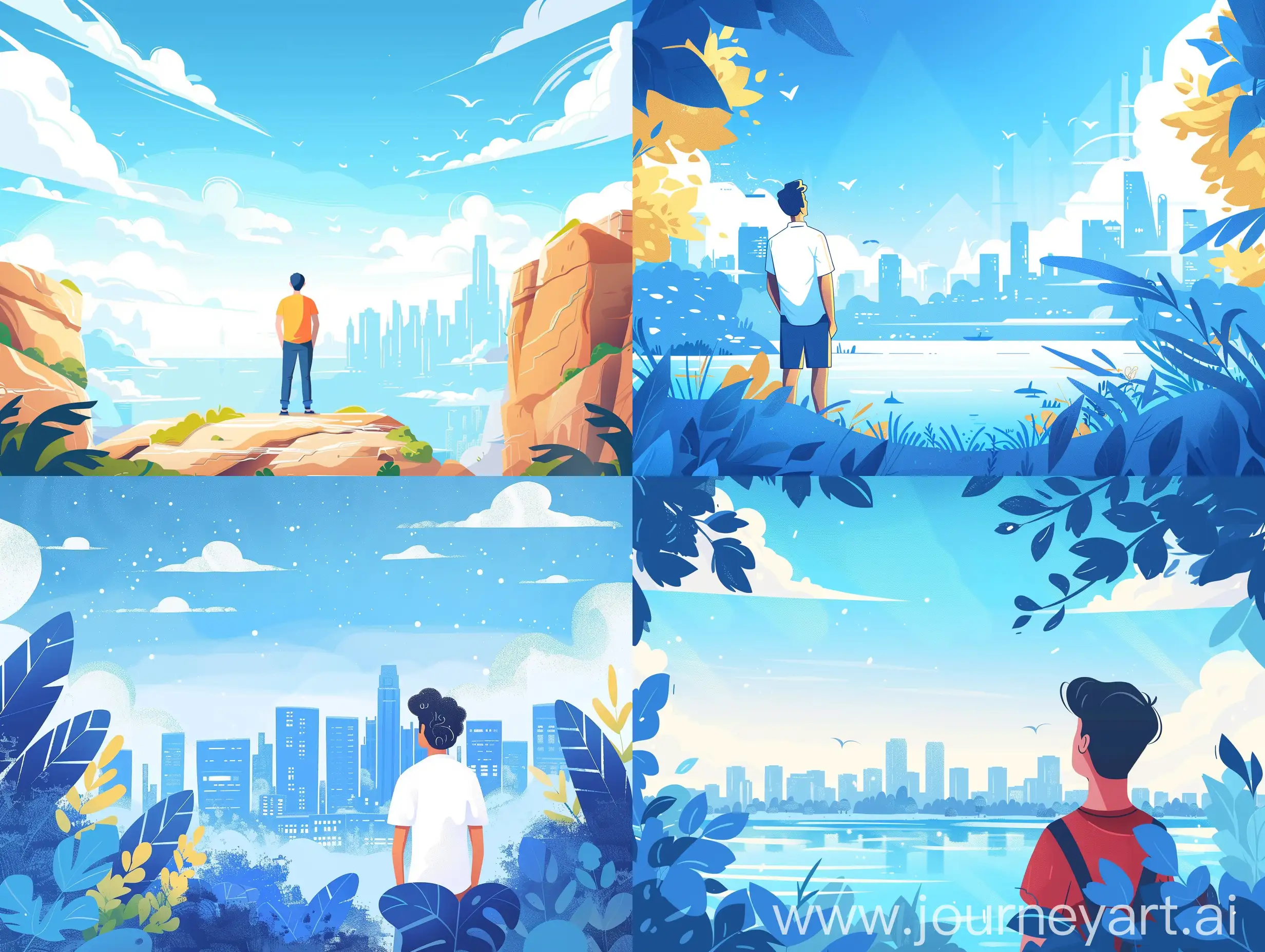 Create a captivating cartoon illustration of a man gazing towards the city in awe, surrounded by the beauty of nature blue sky