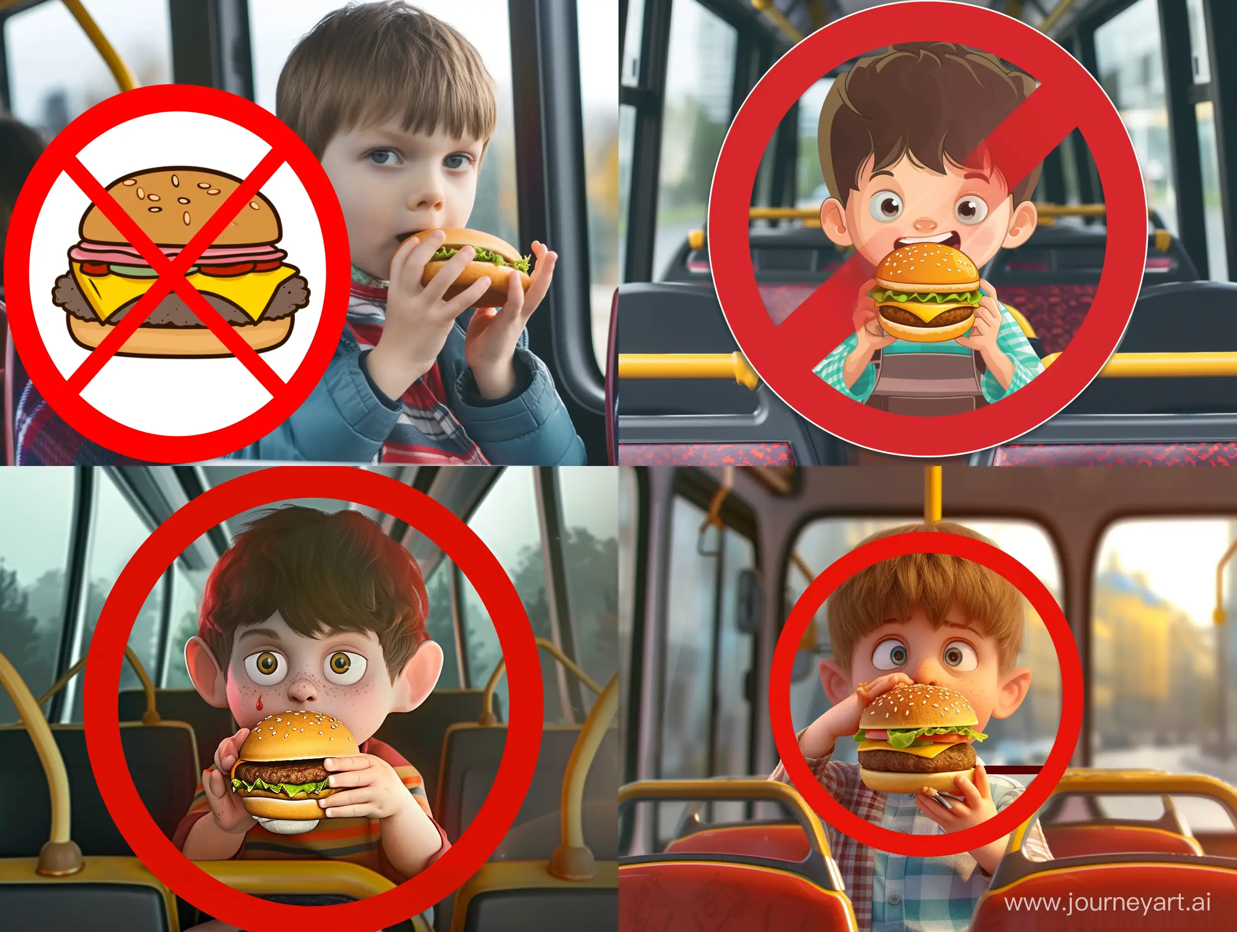 Картинка где мультяшный маленький мальчик ест гамбургер в автобусе и это все в красном кругу с чертой как в запрещающем знака