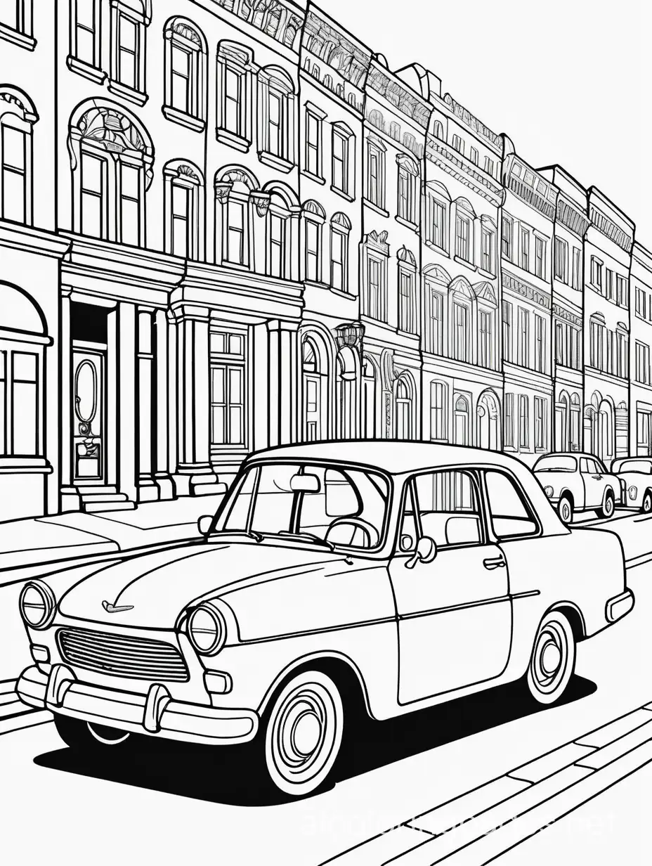 classic car driving in town




, Coloring Page, black and white, line art, white background, Simplicity, Ample White Space. The background of the coloring page is plain white to make it easy for young children to color within the lines. The outlines of all the subjects are easy to distinguish, making it simple for kids to color without too much difficulty