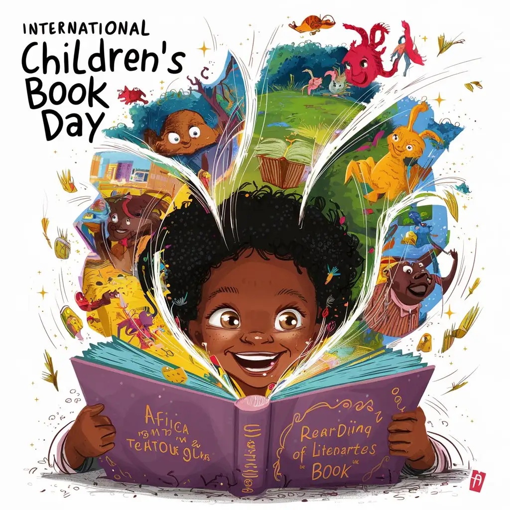 international children's book day poster illustration. an african child opening a book and it comes alive, white background