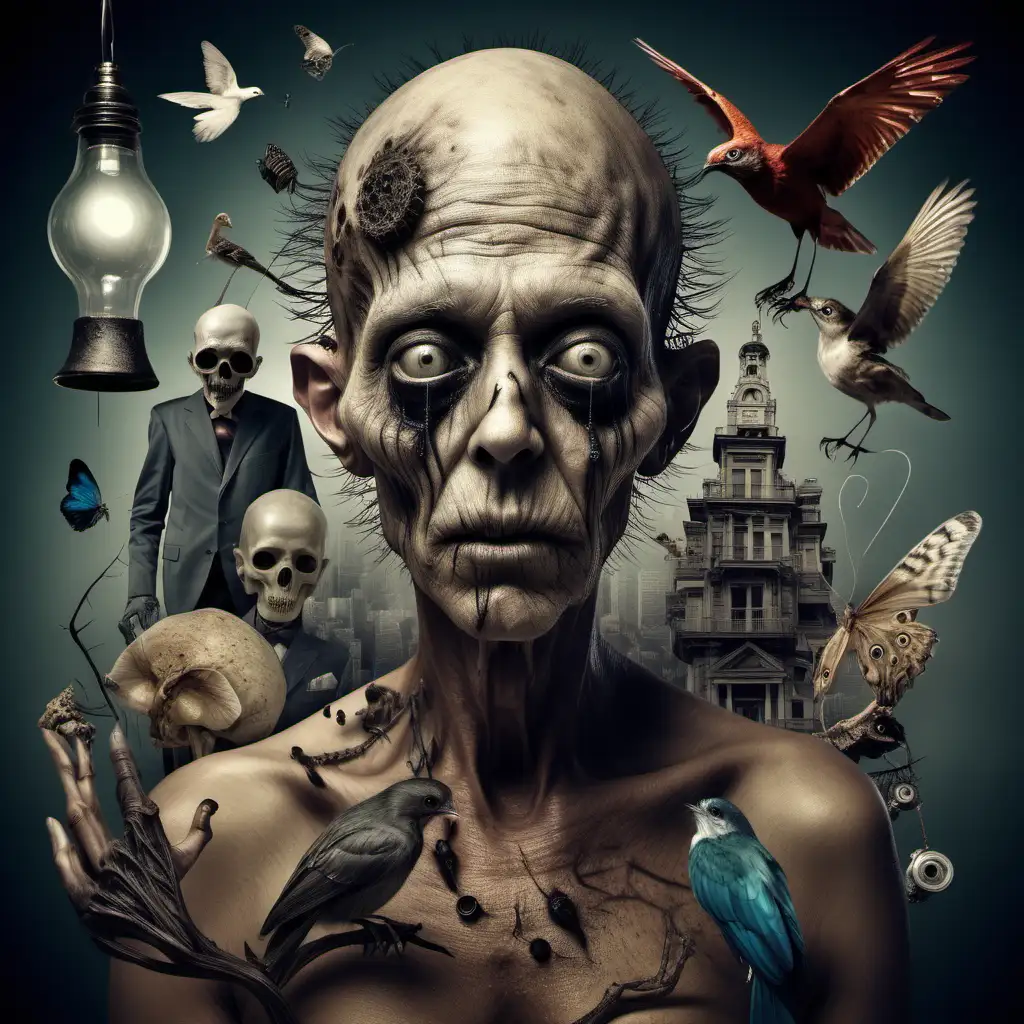 create an image that encompasses all the oddities of humanity. include detailed elements to showcase what makes people starnge and unique
