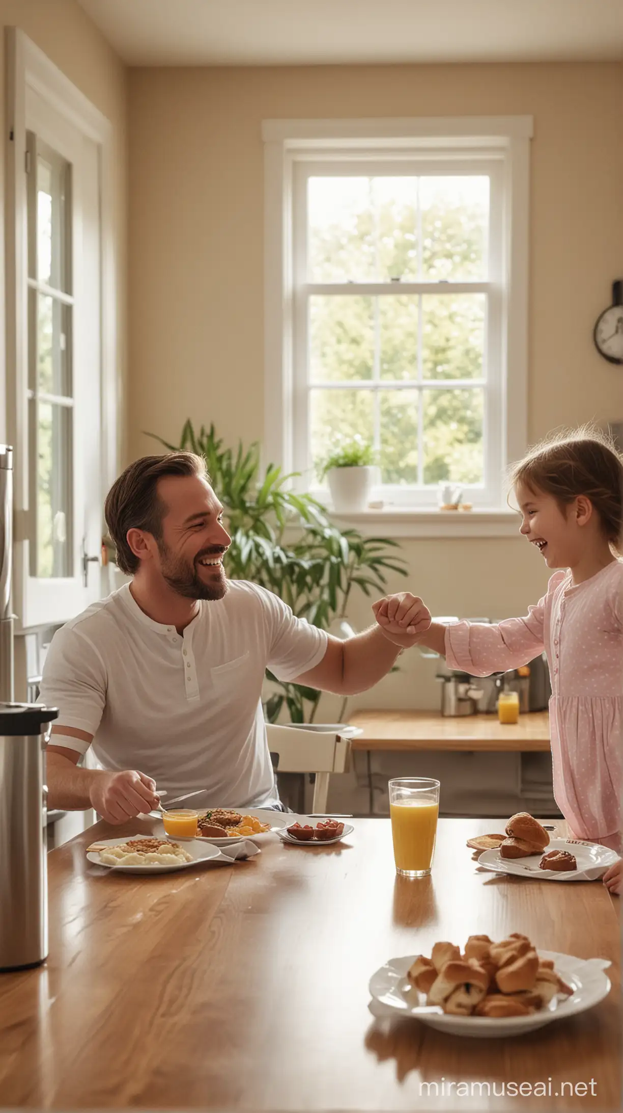 A touching scene of a loving father and his five year old daughter. The father is sitting at the breakfast table, enjoying his meal, while the little girl, with a cute smile, runs towards him with open arms. The father's expression is one of joy and affection as he prepares to embrace his little daughter full of joy. In the background you can see a cozy kitchen with a window that overlooks a quiet garden.