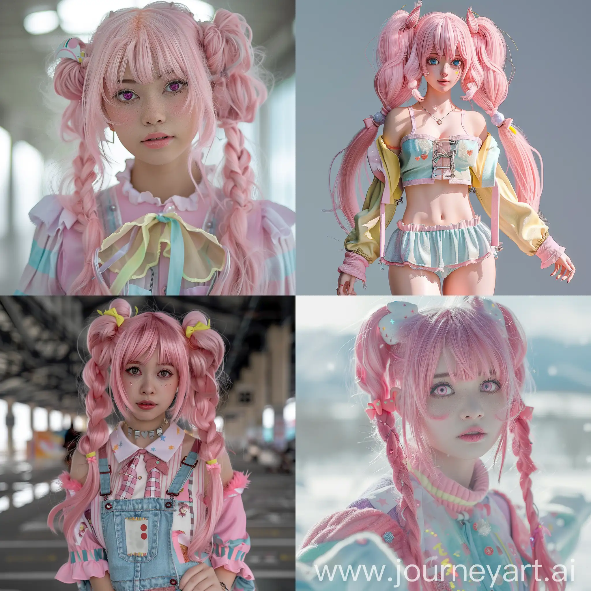 Anime type model with pink hair twintails and pastel clothes 