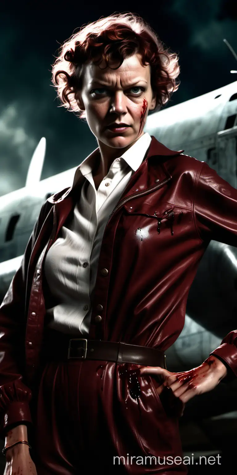 digital image of Amelia Earhart, menacing expression, blood on her clothes, staring at the viewer, sinister aura, thriller movie-like lighting, cinematic feel, airplane in the background