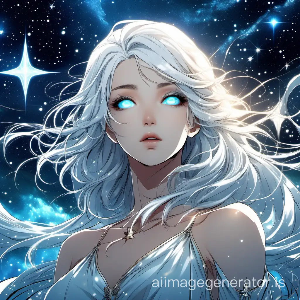 high quality, 8K Ultra HD, A breathtaking digital illustration unfolds as a striking woman emerges with elegant features, characterized by ethereal white hair and captivating cyan eyes, The night sky above, adorned with shimmering stars, captures her attention as she gazes upward with an air of mystery, by yukisakura, awesome full color,