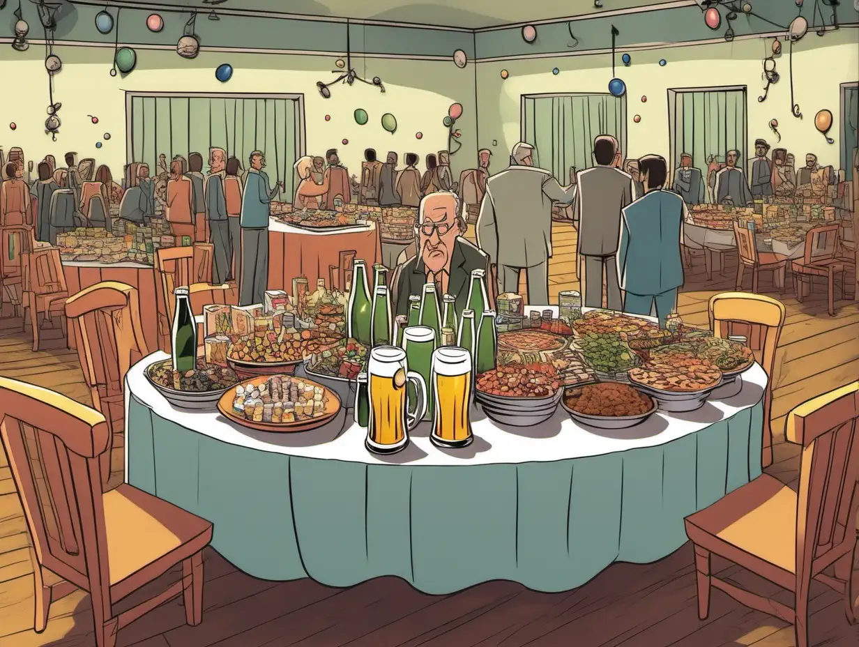 cartoony,  color.  Eye level, wide shot of a round buffet table in the middle of the room at a party.   It has bottles of beer and the near end