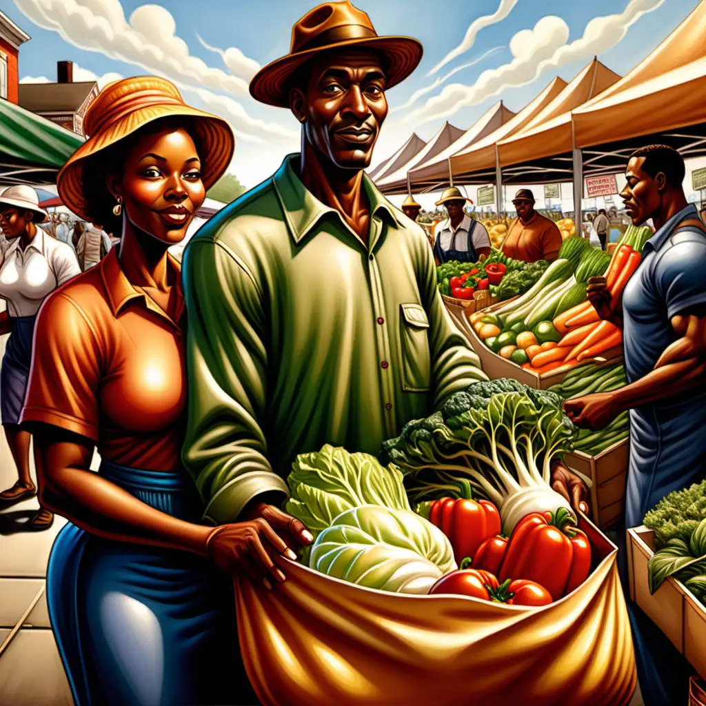 Ernie Barnes style cartoon african american mother and father holding bags of vegetables at the farmer's market
