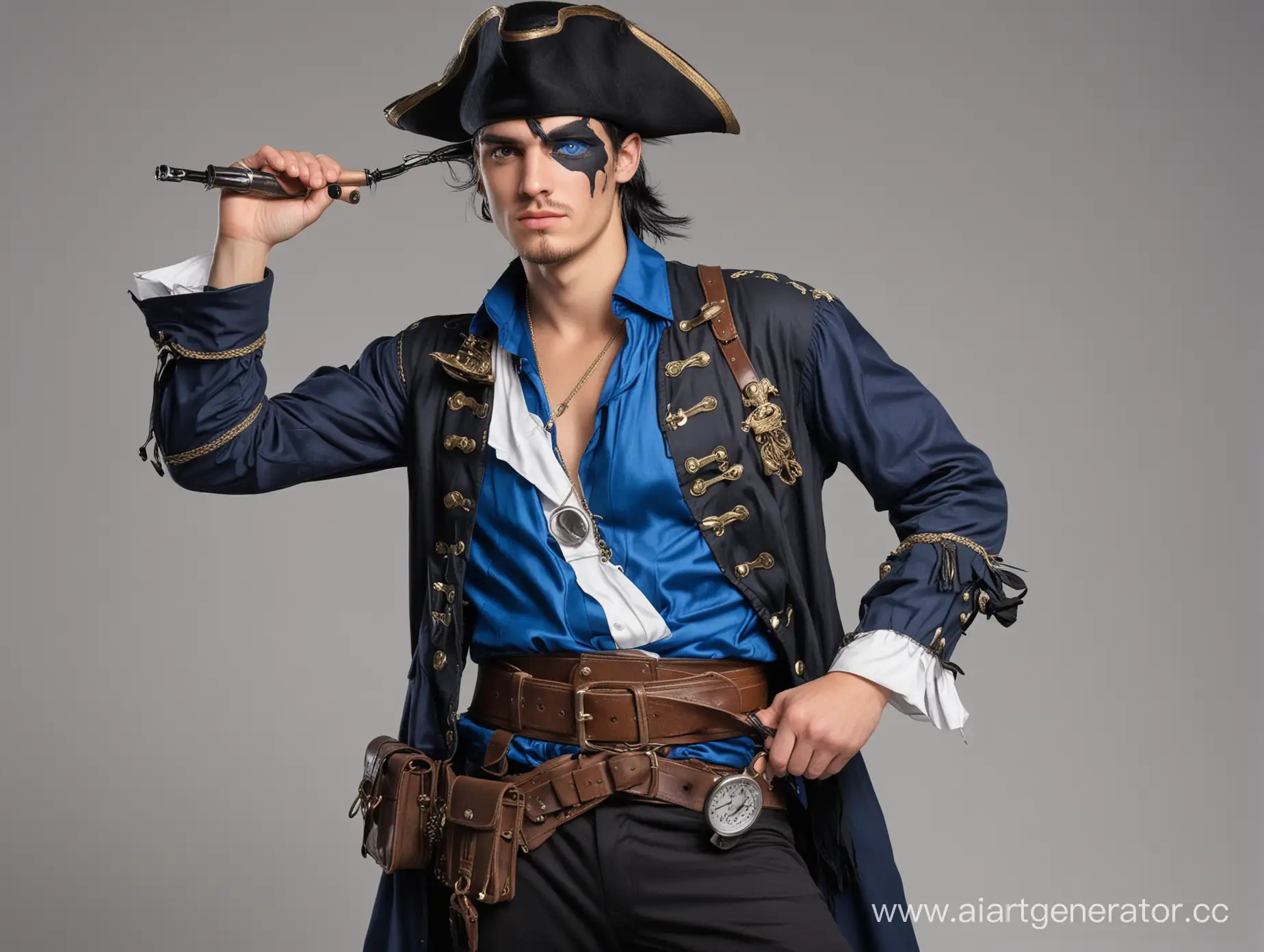 Парень пират лет 18-20,  с чёрными волосами которые опускаются с одной стороны закрывая один глаз, без хвоста, в чёрно синем костюме, с медицинскими приборами на поясе