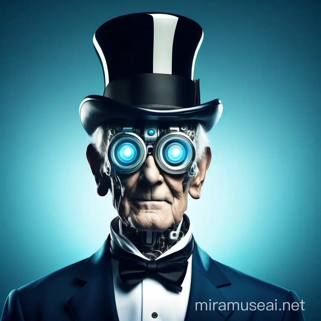 portrait of an old fancy butler with a top hat, robotic human appearance with glowing robot eyes, sleek, modern, futuristic, white and blue background