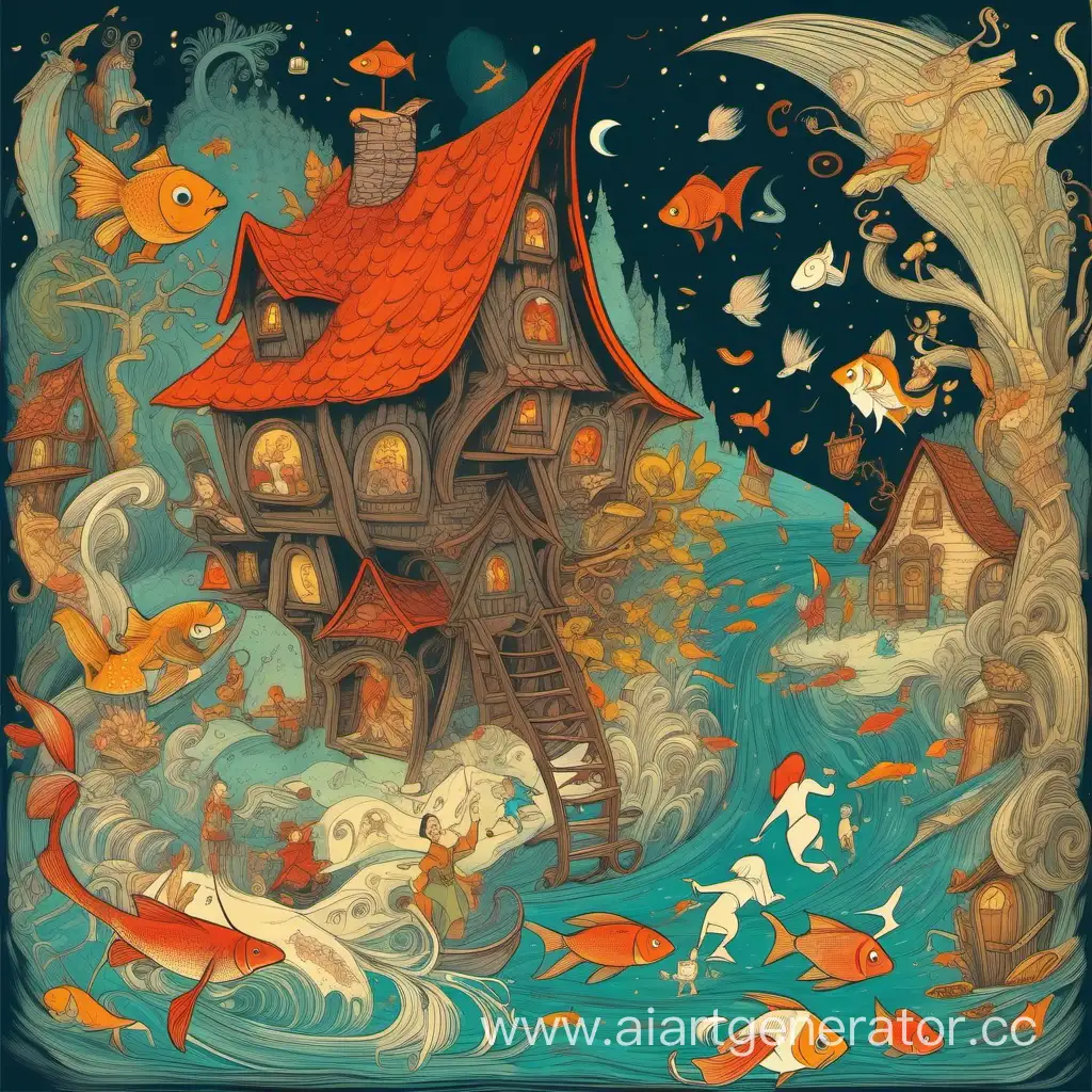 Баба Яга в нижнем левом углу с книгой сказок убегает от скзаочных персонажей в верхнем правом углу, от колобка, тритона, белоснежки, золотой рыбки в ярких цветах
