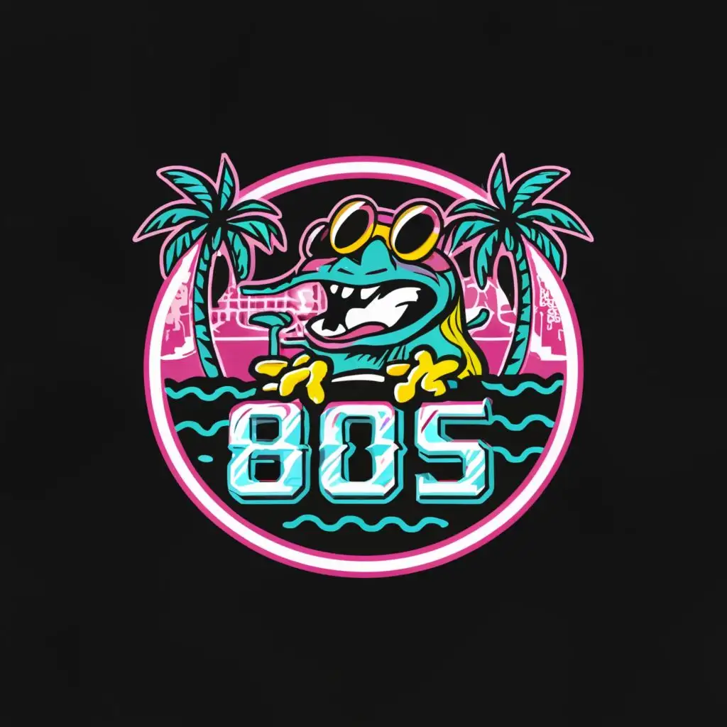 logo, create a crazy gecko wearing 80s style clothing, sunglasses lounging at a tiki beach bar, Neon, Minimal, Contour, black Background, Detailed, with the text "80s", typography