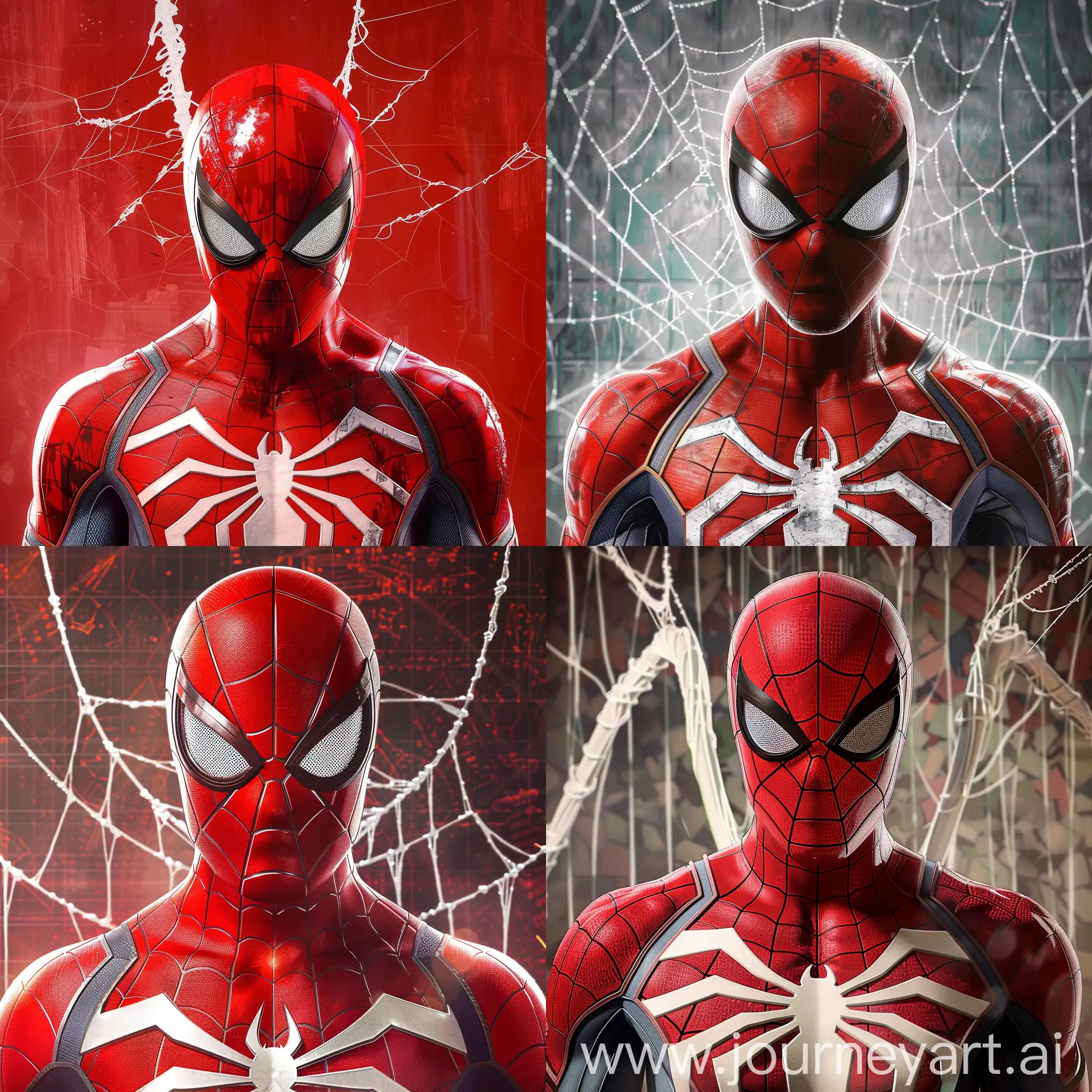 ultra realistic Cinematic movie poster , spider-man advanced suit with white long spider symbol with MCU Spider-Man mask is a red mask with too small very short mechanical movable expressive black and white eyelenses , web patterns.