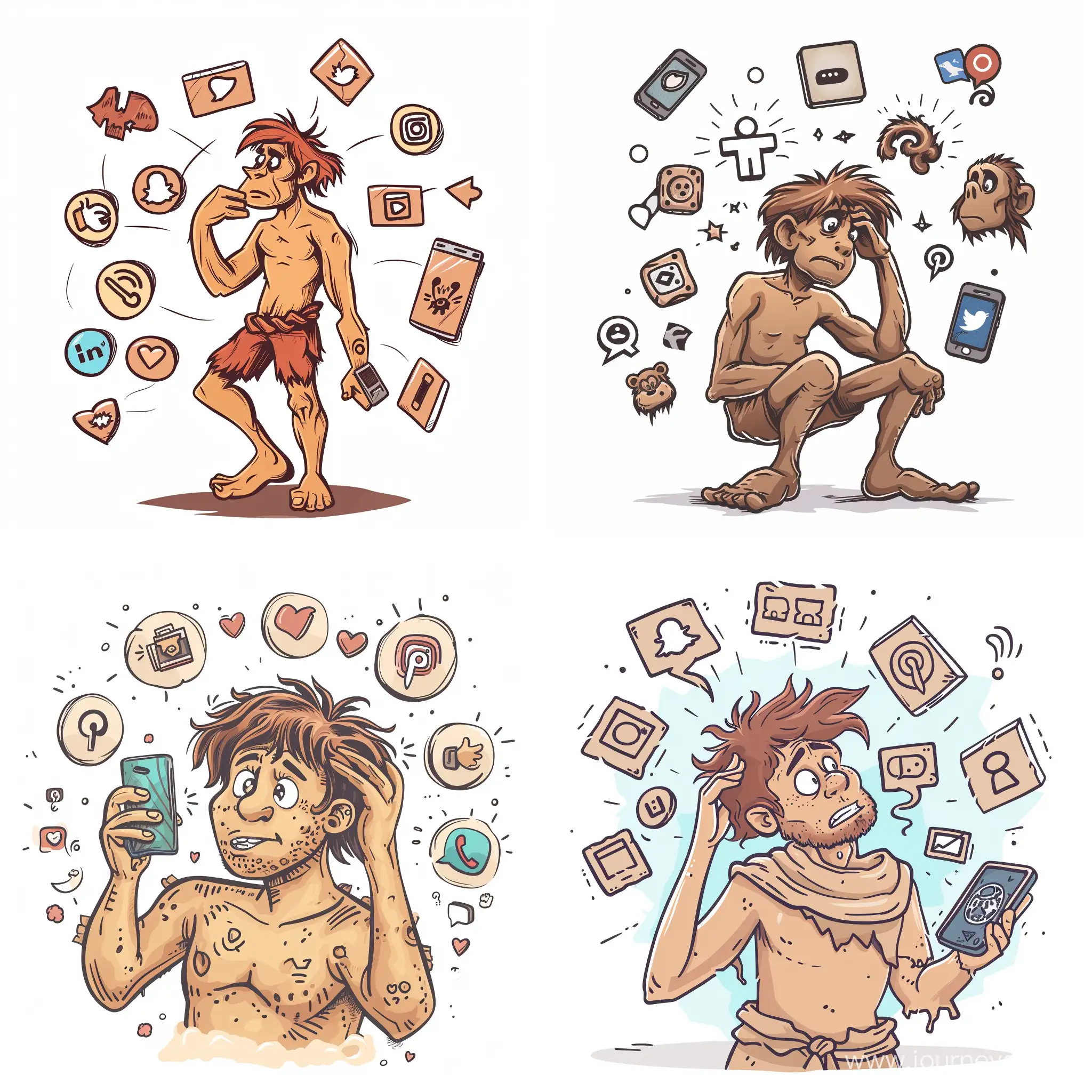 A man from the stone Age scratches his head and appears to be thinking about something. He holds a mobile phone in his hand and looks at it and the social media icons around him. Vector drawing illustrator on white background. 
