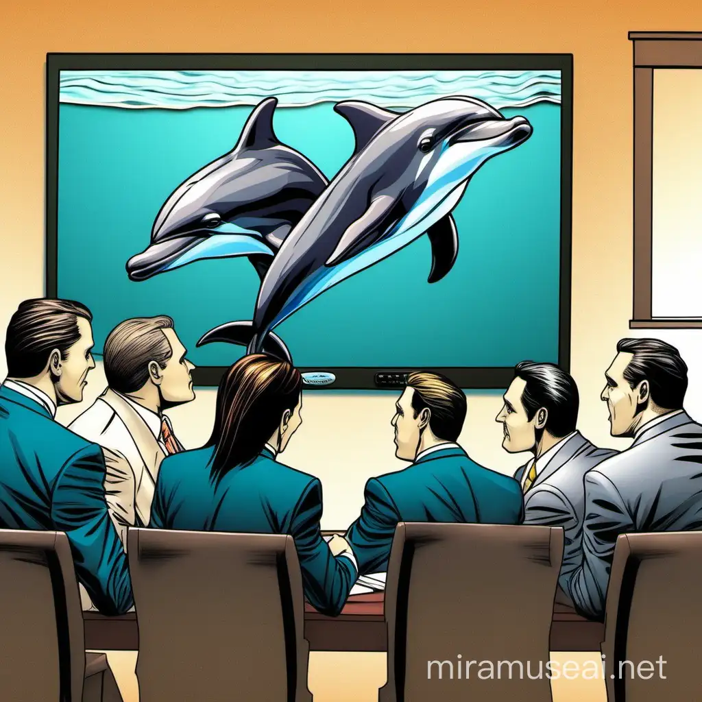 dolphins in a business meeting reacting to BIG NEWS on the television