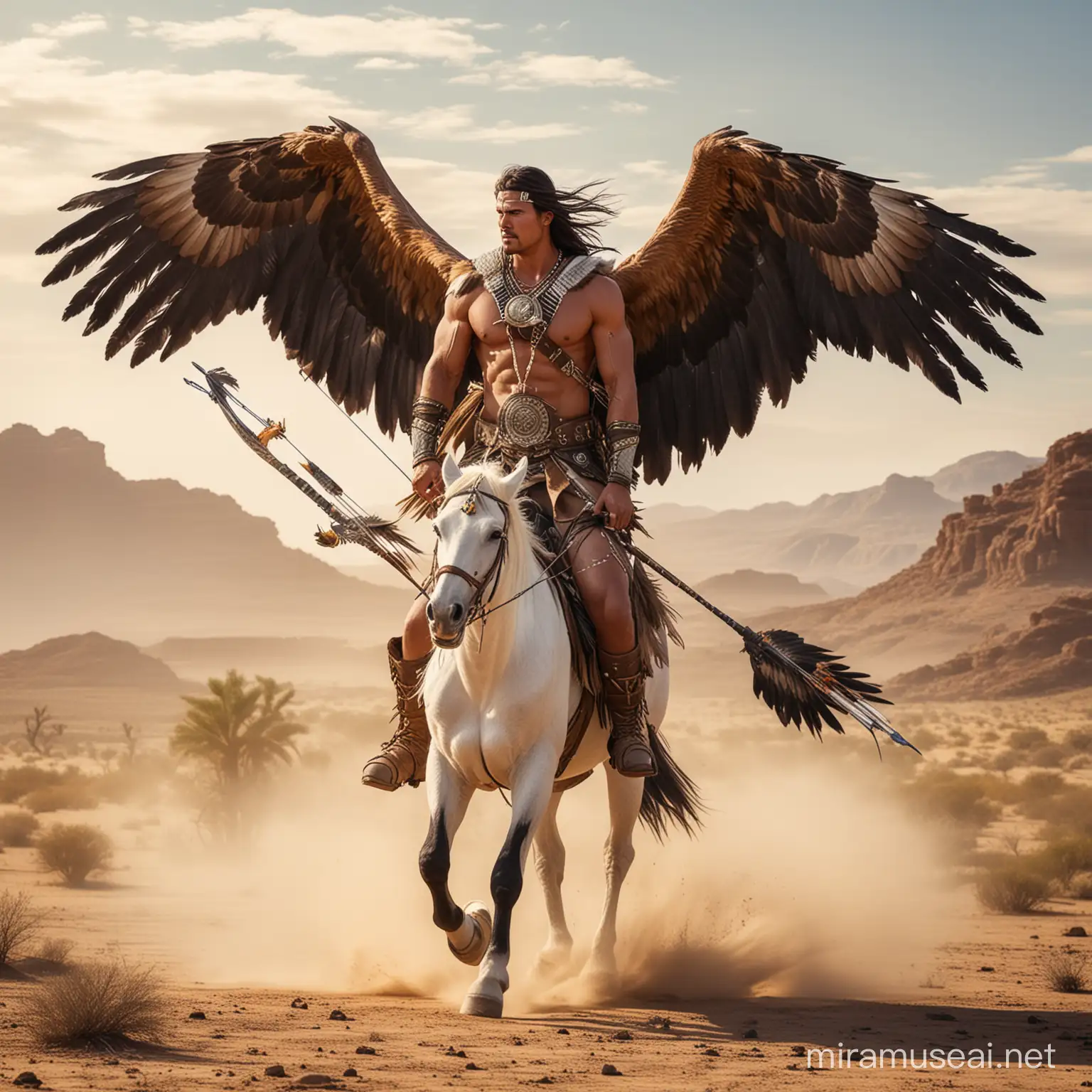 Guerrero apache alto musculoso guapo con alas grandes largas de aguila en medio del desierto con arco y flecha y de fondo búfalos corriendo y una gigantesca aguila real y un hermoso caballo blanco 