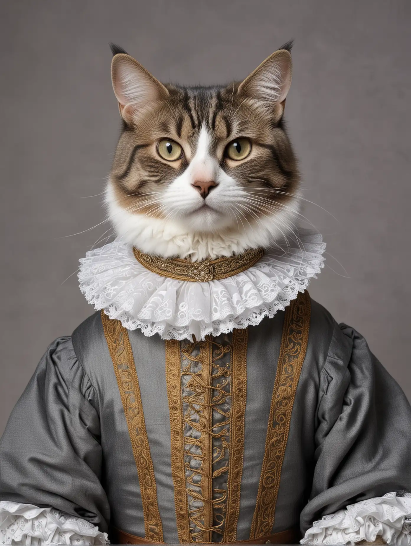 poster of photograph of a cat in a Tudor style outfit  with a grey colour background