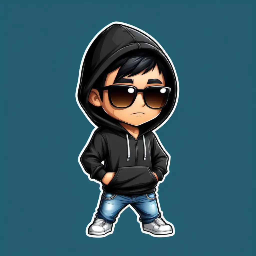 Make Logo with no font of An Ai guy chibi dabbing with sunglasses tanned and black hair with and a hoodie different poses