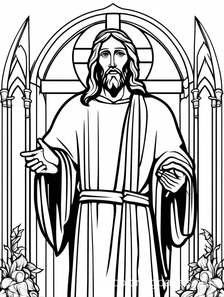 jesus gothic style, Coloring Page, black and white, line art, white background, Simplicity, Ample White Space. The background of the coloring page is plain white to make it easy for young children to color within the lines. The outlines of all the subjects are easy to distinguish, making it simple for kids to color without too much difficulty