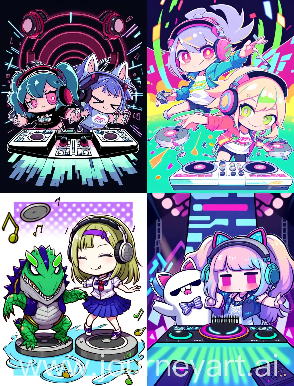 chibi aligator and anime girl playing dj, with abstract background, 