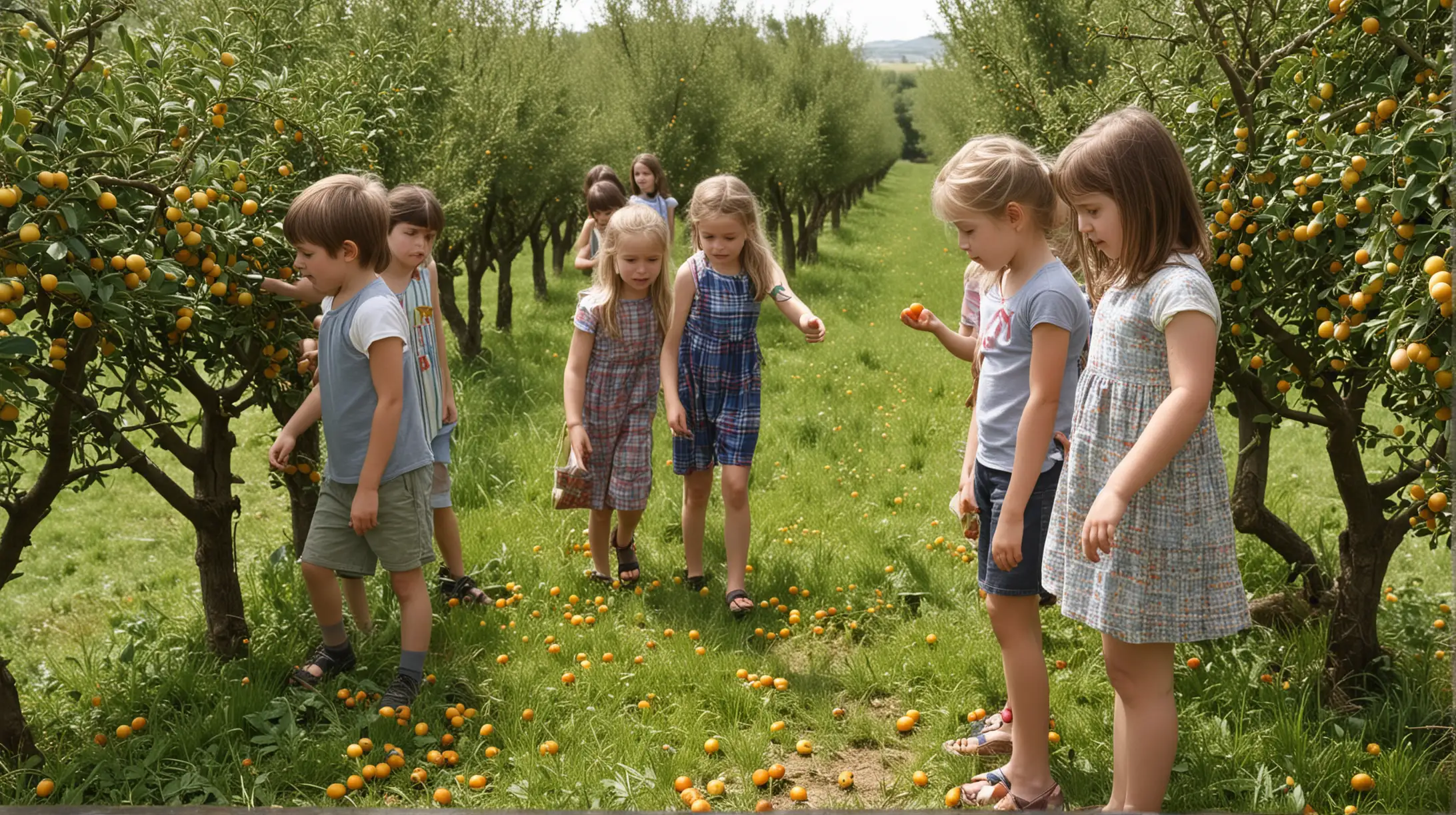 4 filles et 3 garçons de 10 ans qui cueillent des mirabelles 