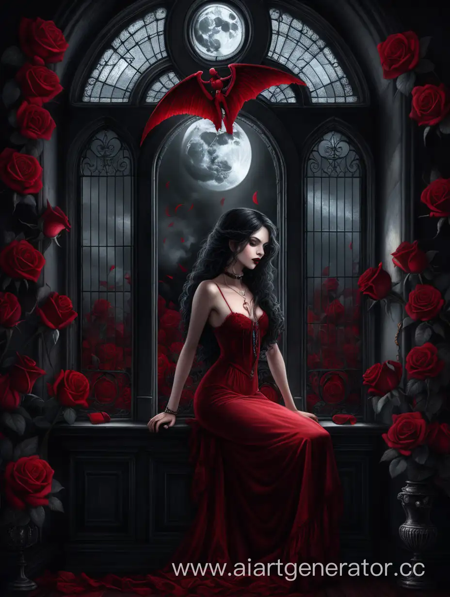 a girl with dark hair and a red dress is hanging on the wall, you can see her beautiful face with red lips, the girl's hands are chained, behind her back are red angel wings made of red roses and a large Victorian window with a red vampire moon, there are many roses around, red light falls only from the window and the room is very dark, the Victorian atmosphere.