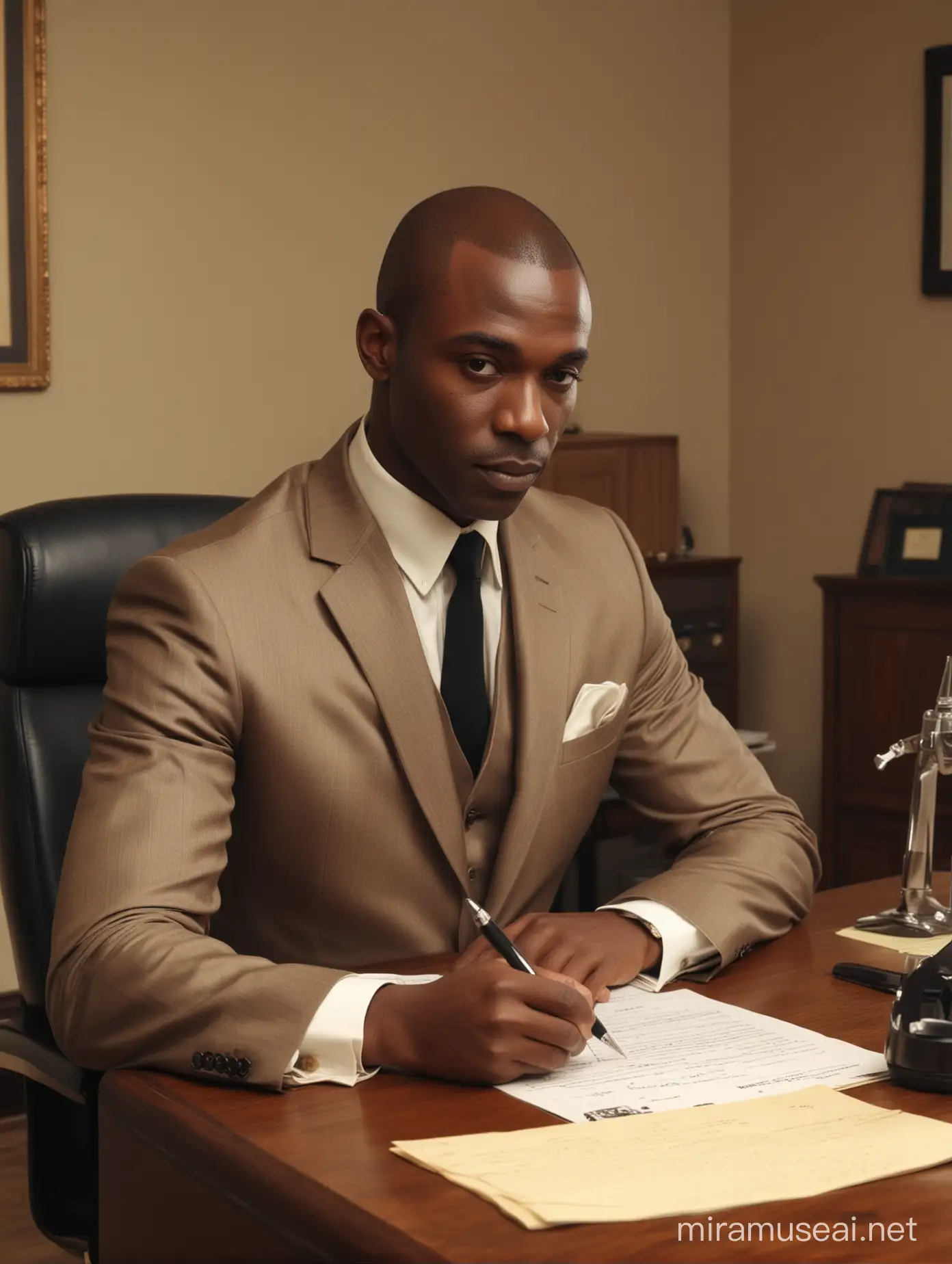 Elegant African American Man Writing a Letter in Retro Office Setting