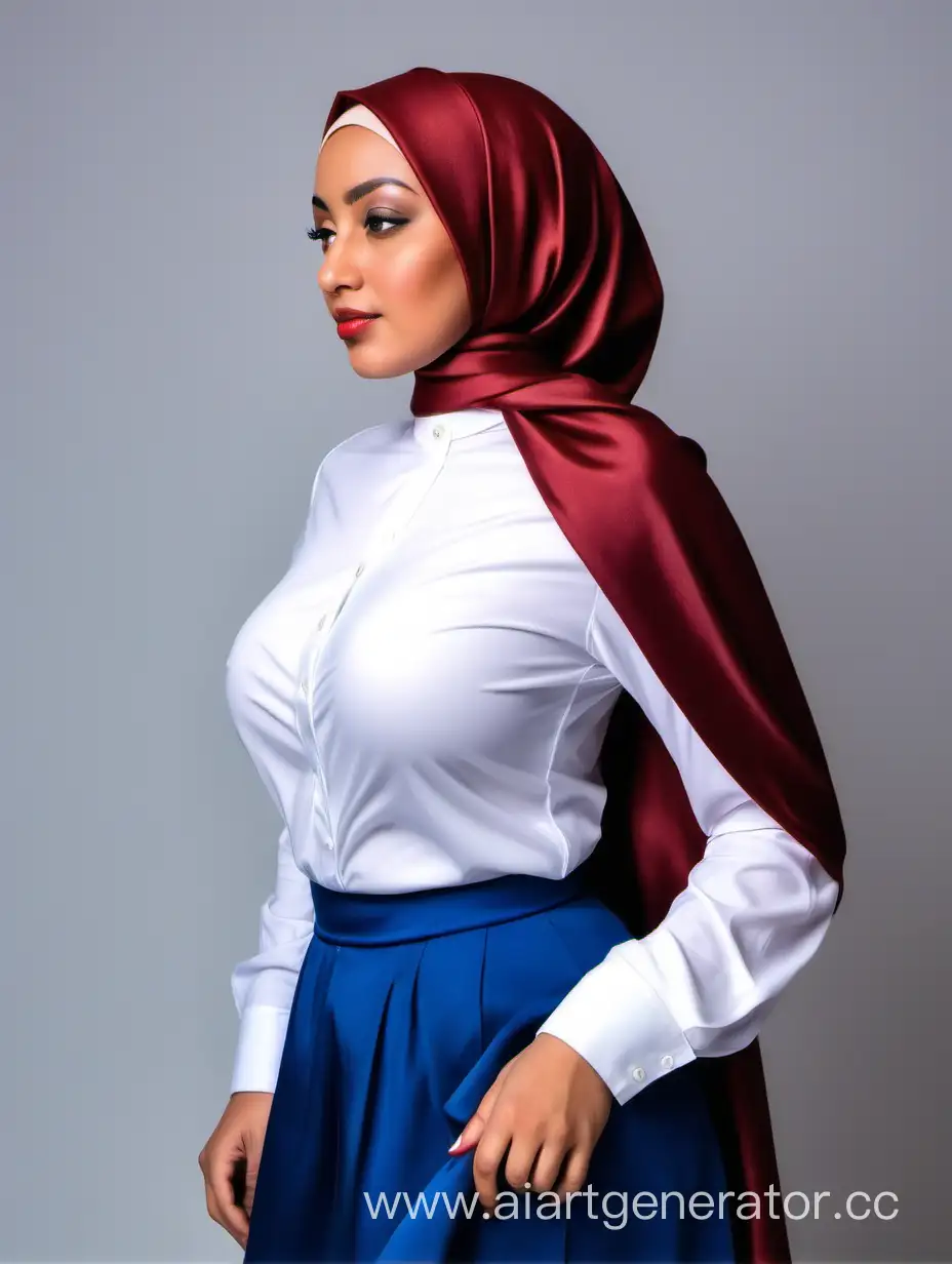 Женщина, темно-красного атласный хиджаб, большая грудь, белая рубашка, синяя юбка, пышная фигура, вид сбоку