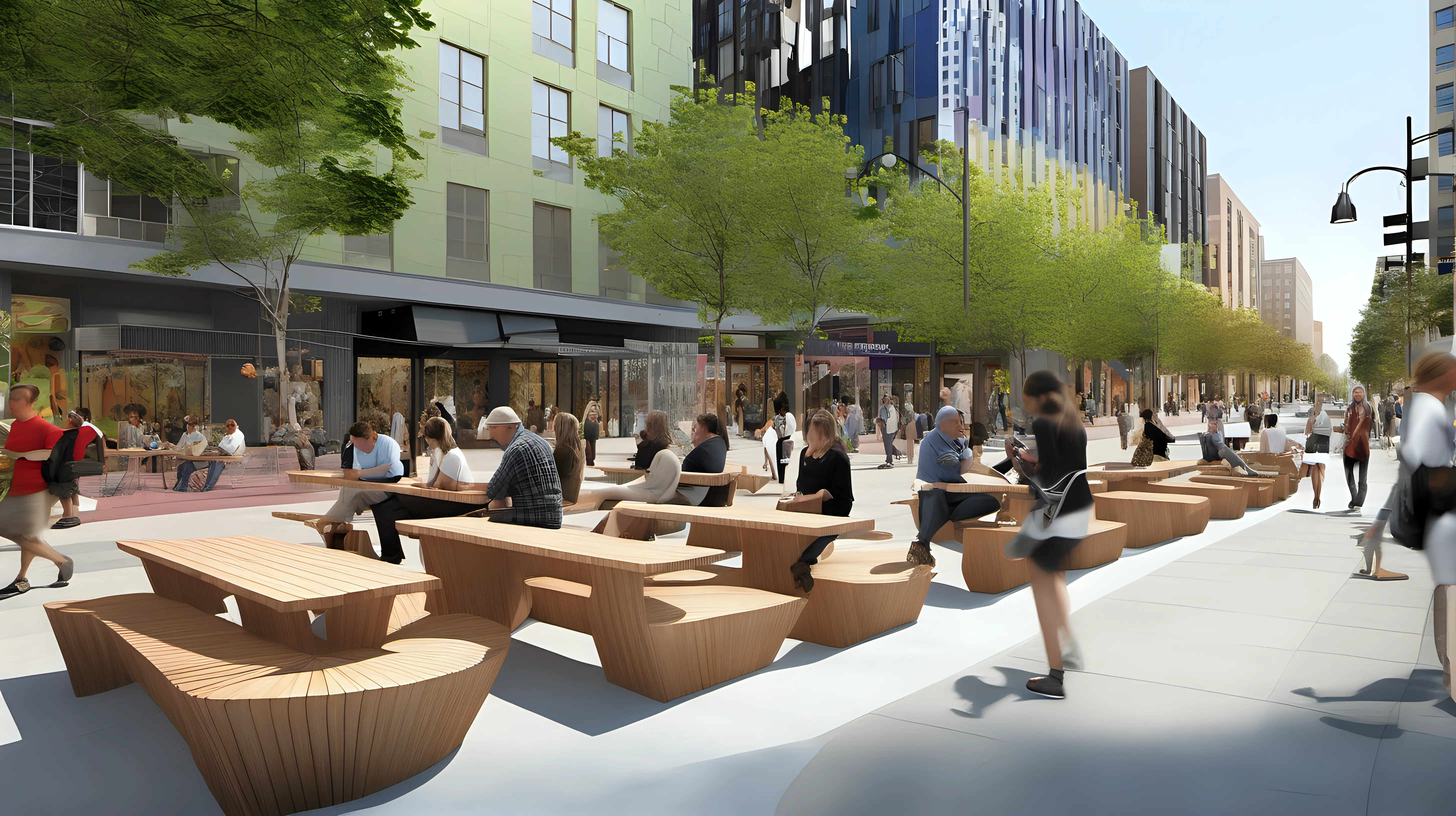 "Create a scene of a pedestrian-friendly street adorned with innovative public seating, outdoor cafes, and interactive sculptures, fostering a sense of community in a modern urban environment."