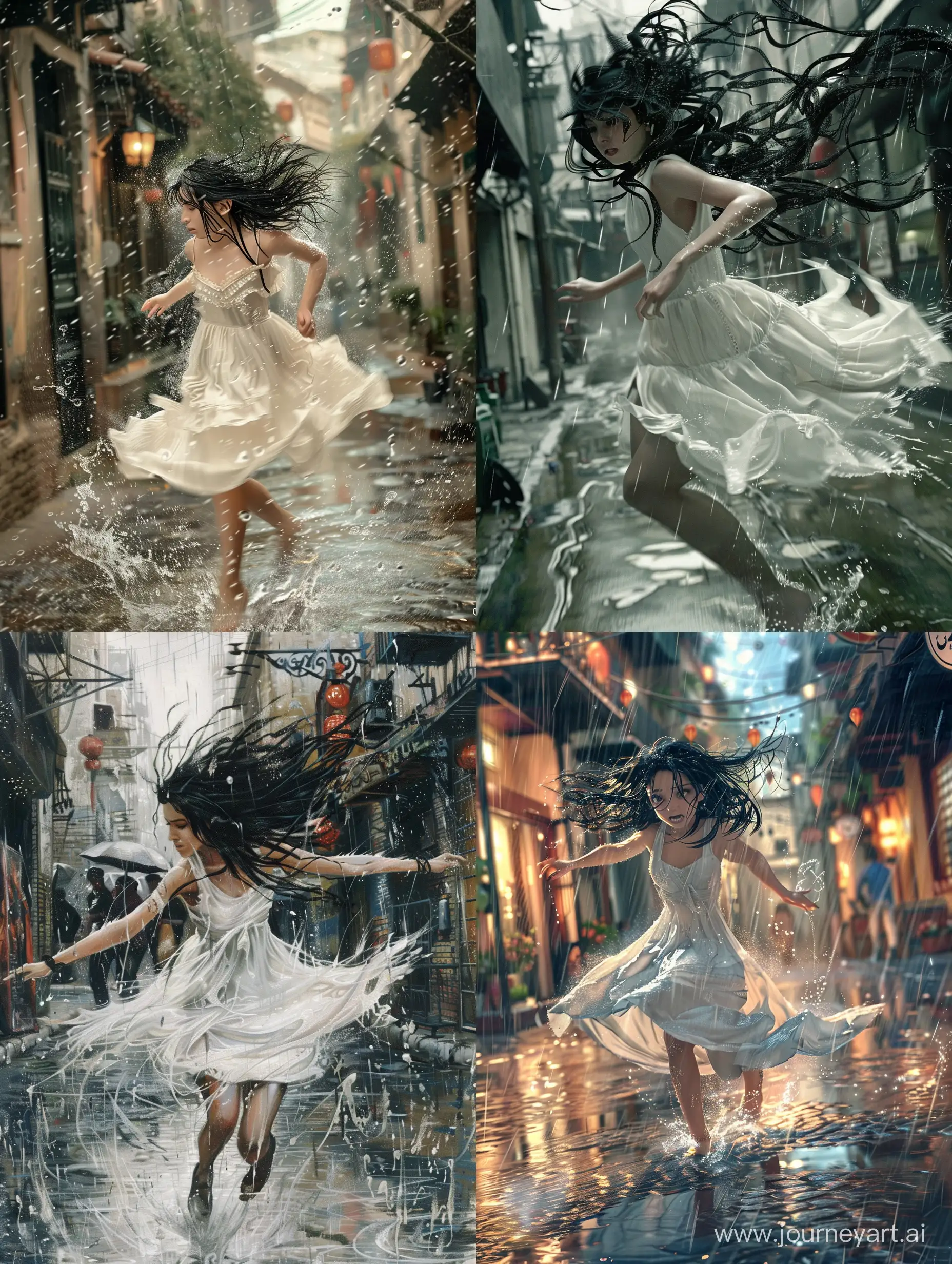 a Persian tall girl with black hair and white dress running in a street under the rain and her hair and dress are wet