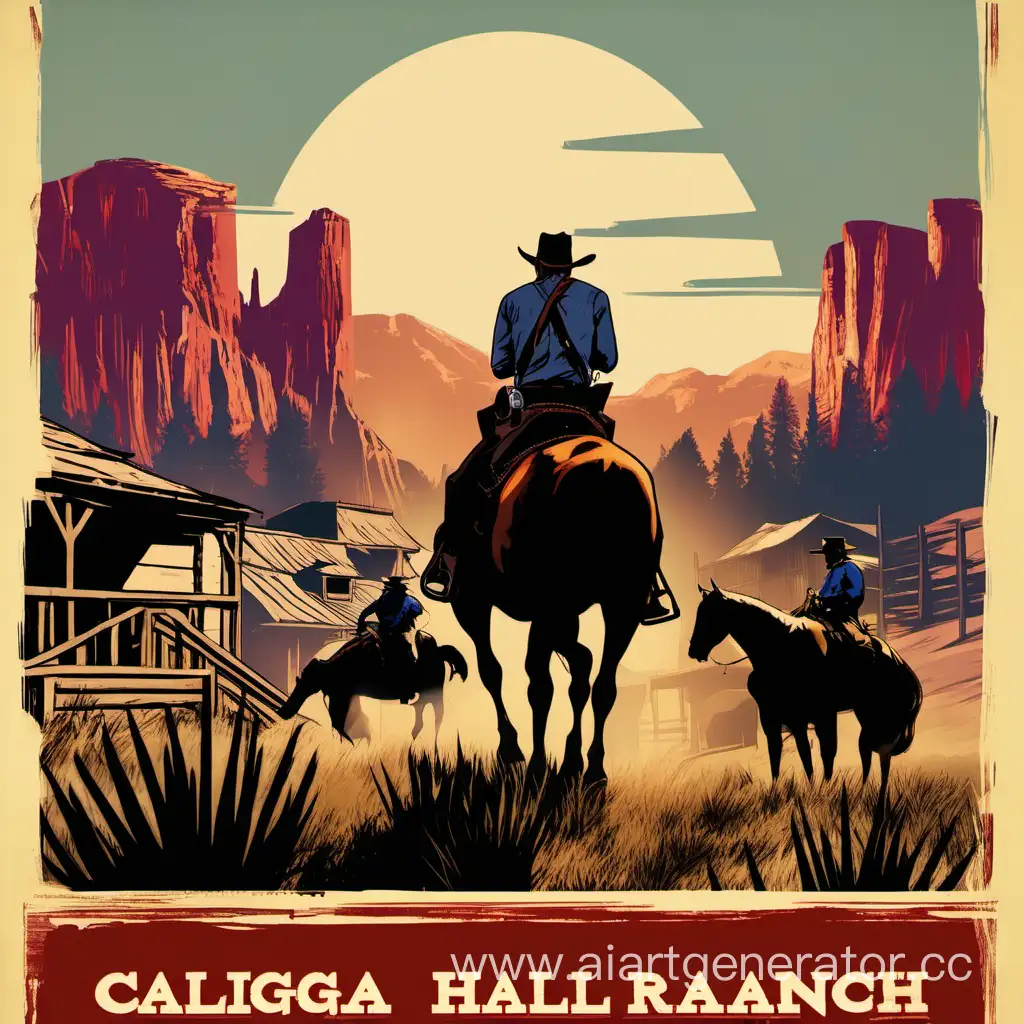 Ранчо Caliga Hall из red dead redemption 2 с конём на фоне в стиле рекламного плаката 