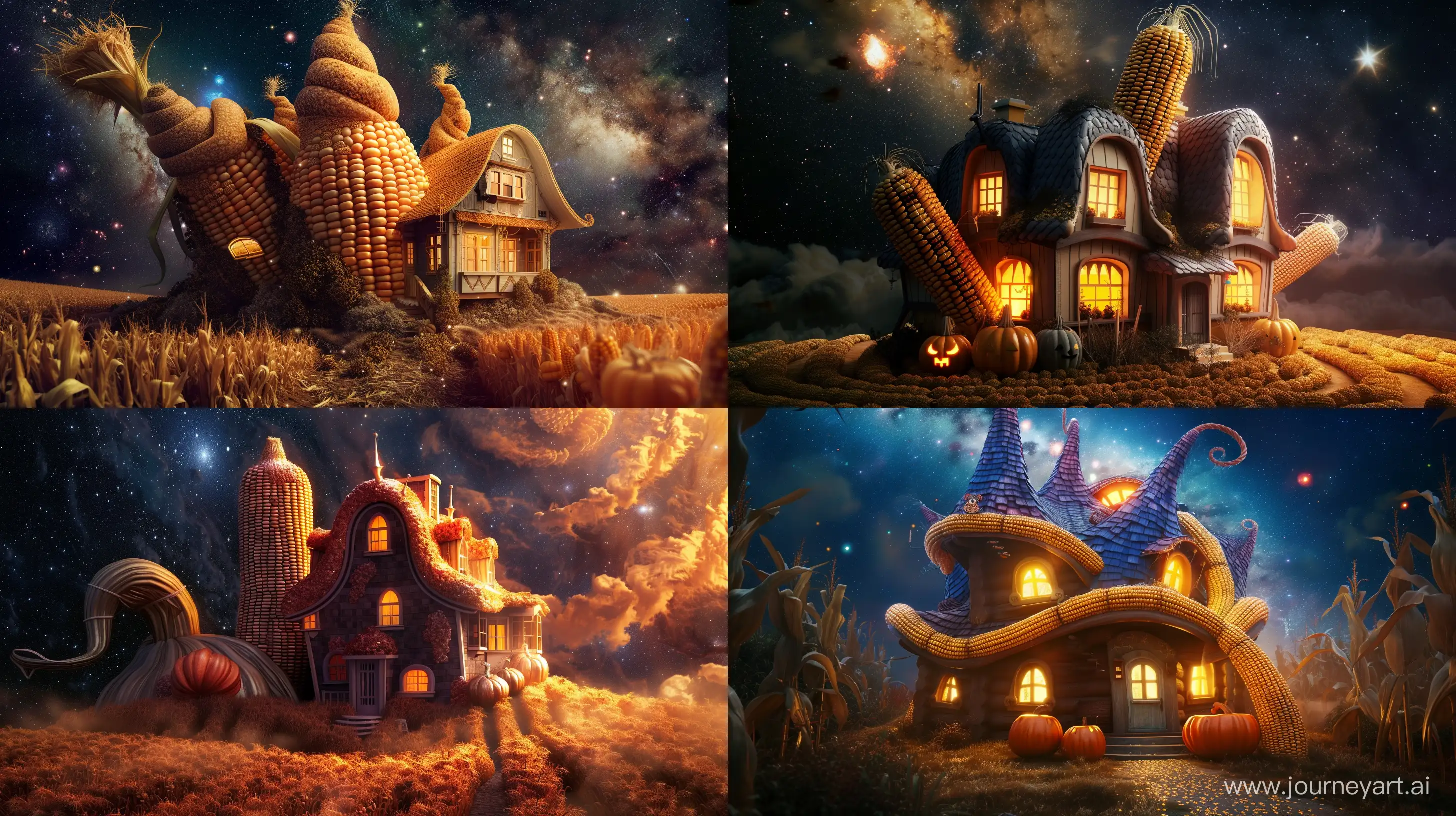 big house in the shape of corn and pumpkin, in the galaxy, fantasy style, realistic --ar 16:9