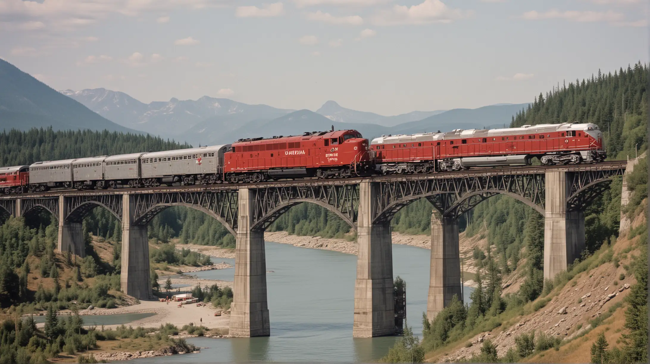 Canadian Pacific Passenger Train with Aluminum Passenger cars, Diesel Locomotives, in the style of the middle 1950s, passing across a major bridge.