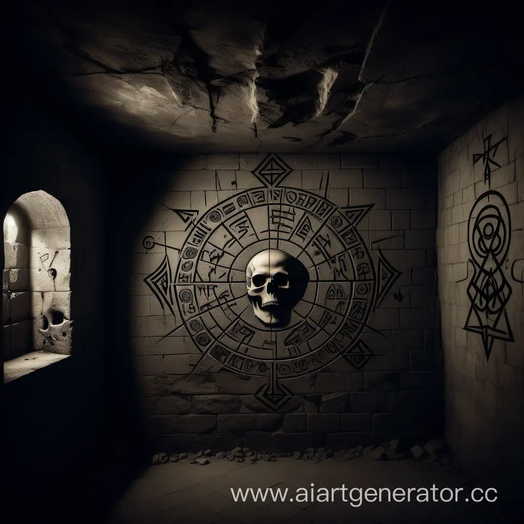 Подземелье. Голые стены исписанные оккультными символами. Посередине парящий череп окутанный слабым свечением