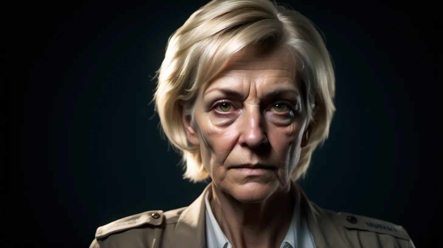 imagine older woman short blonde hair intense but tired eyes, dressed like a casual federal agent, clear facial features, Cinematic, 35mm, 28mm lens, f1.8, accent lighting, global illumination, -uplight - v4 - q2 