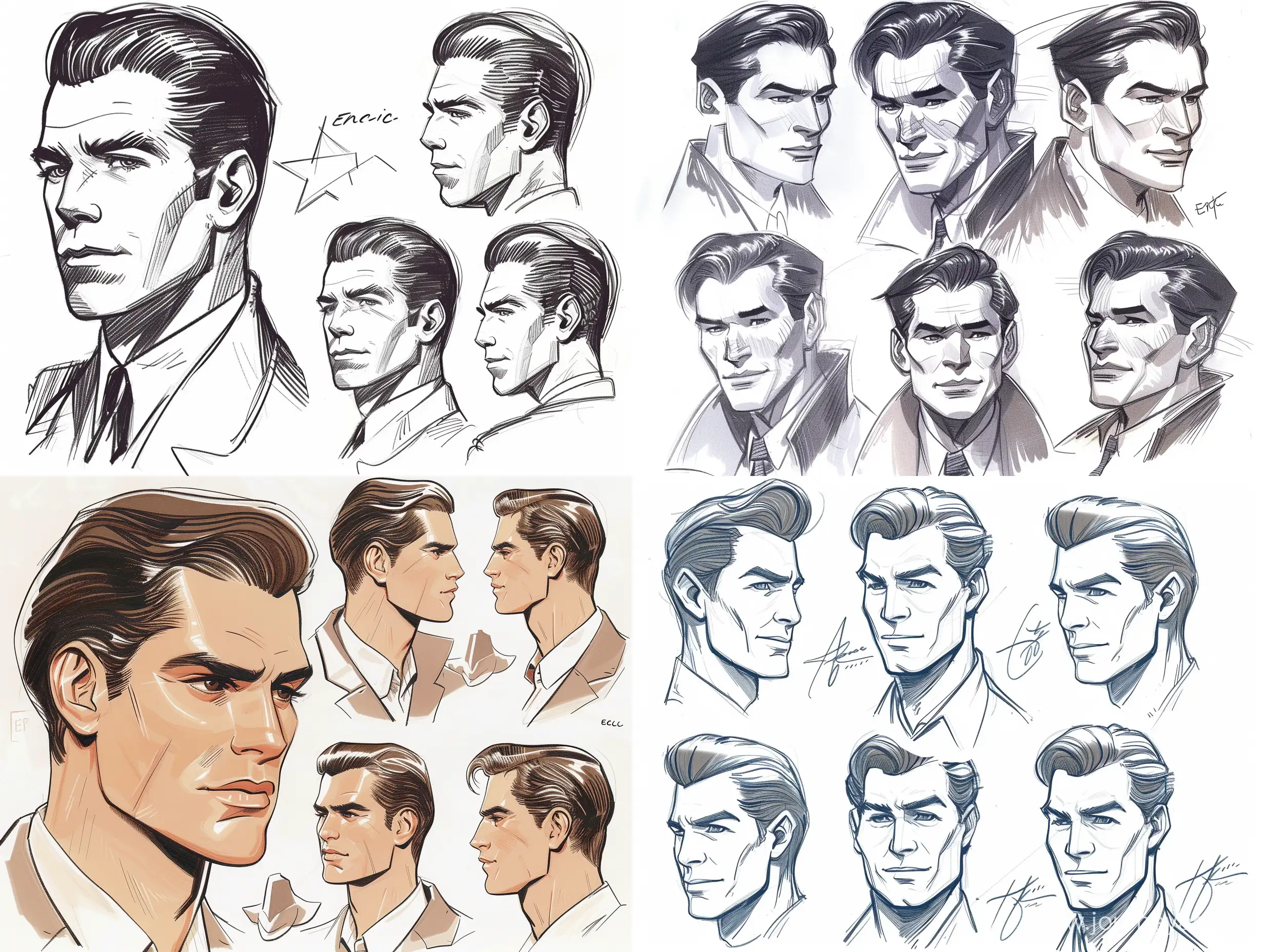 Glamorous-1940s-Movie-Star-Man-with-SlickedBack-Hair-Character-Reference-and-Expression-Sheet