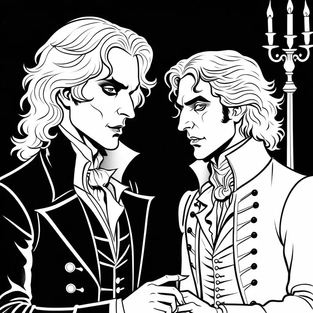 a simple black and white coloring book outline of Lestat the vampire, talking to Louis the vampire, for coloring