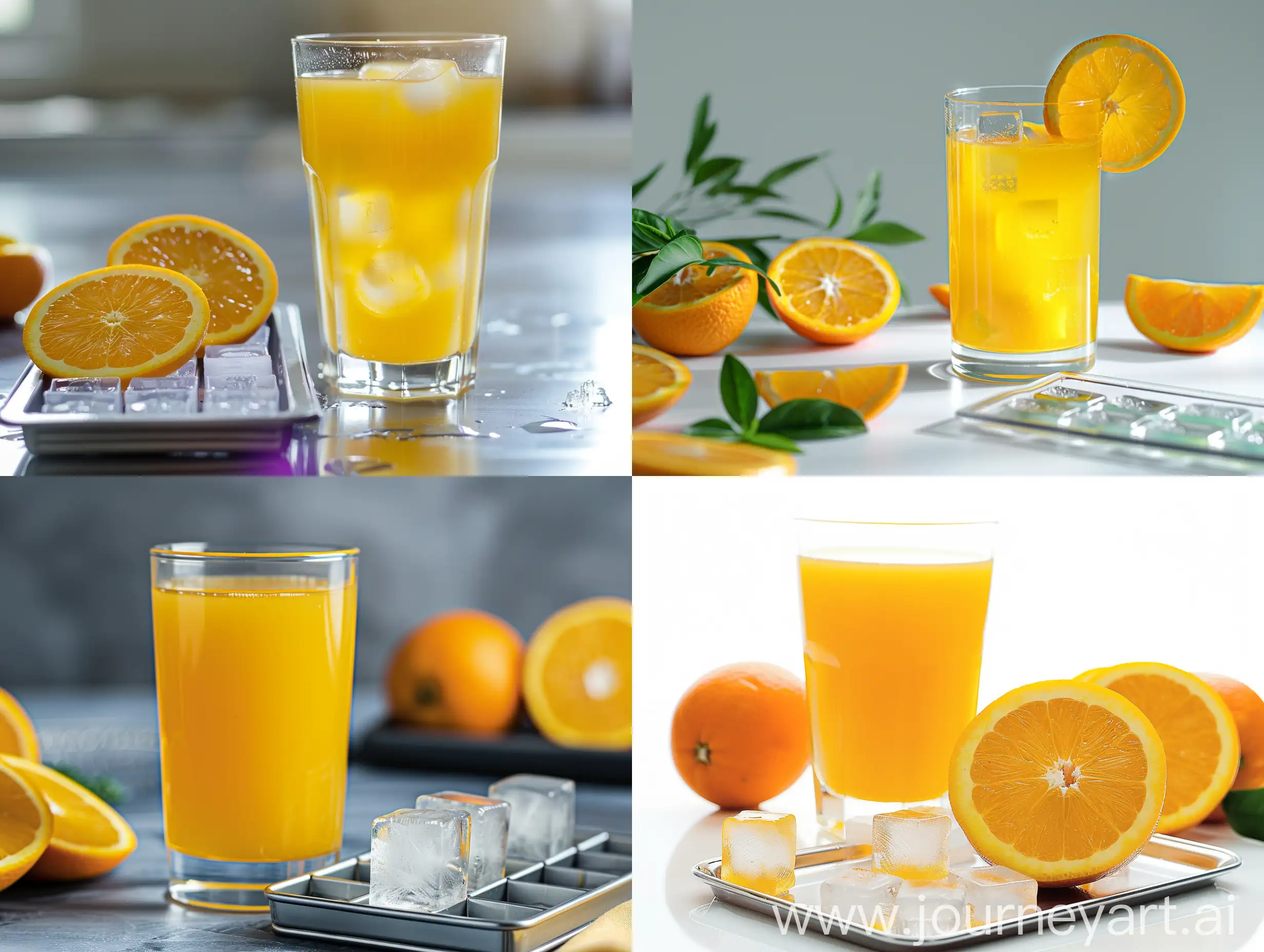 Studio shot of a glass of orange juice with an ice cube tray