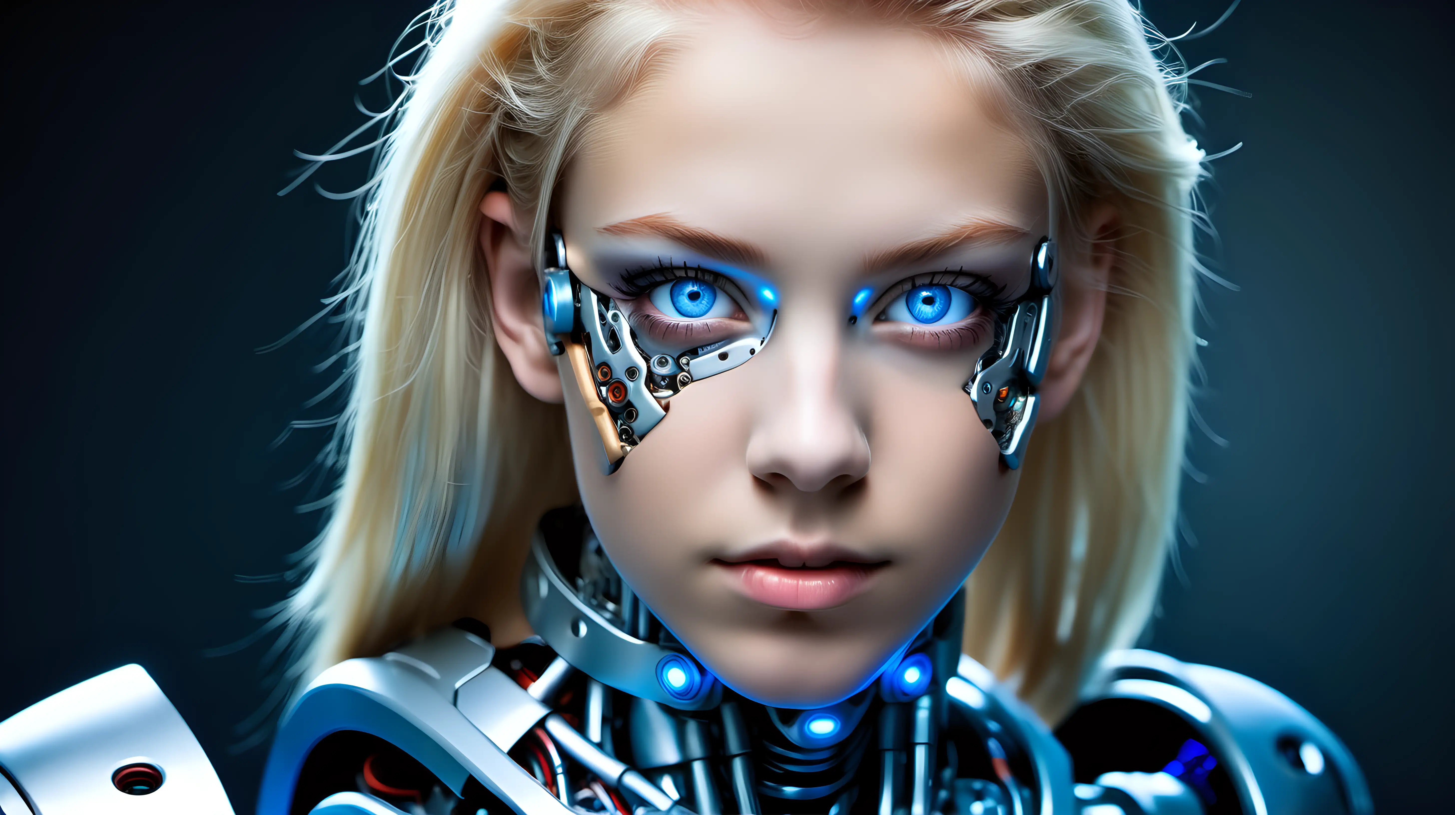 Cyborg woman, 18 years old. She has a cyborg face, but she is extremely beautiful. Blonde. Blue eyes. Photo realistic. Portrait lens. The image is as if made with Canon EF 85mm f/1.8 USM lens.