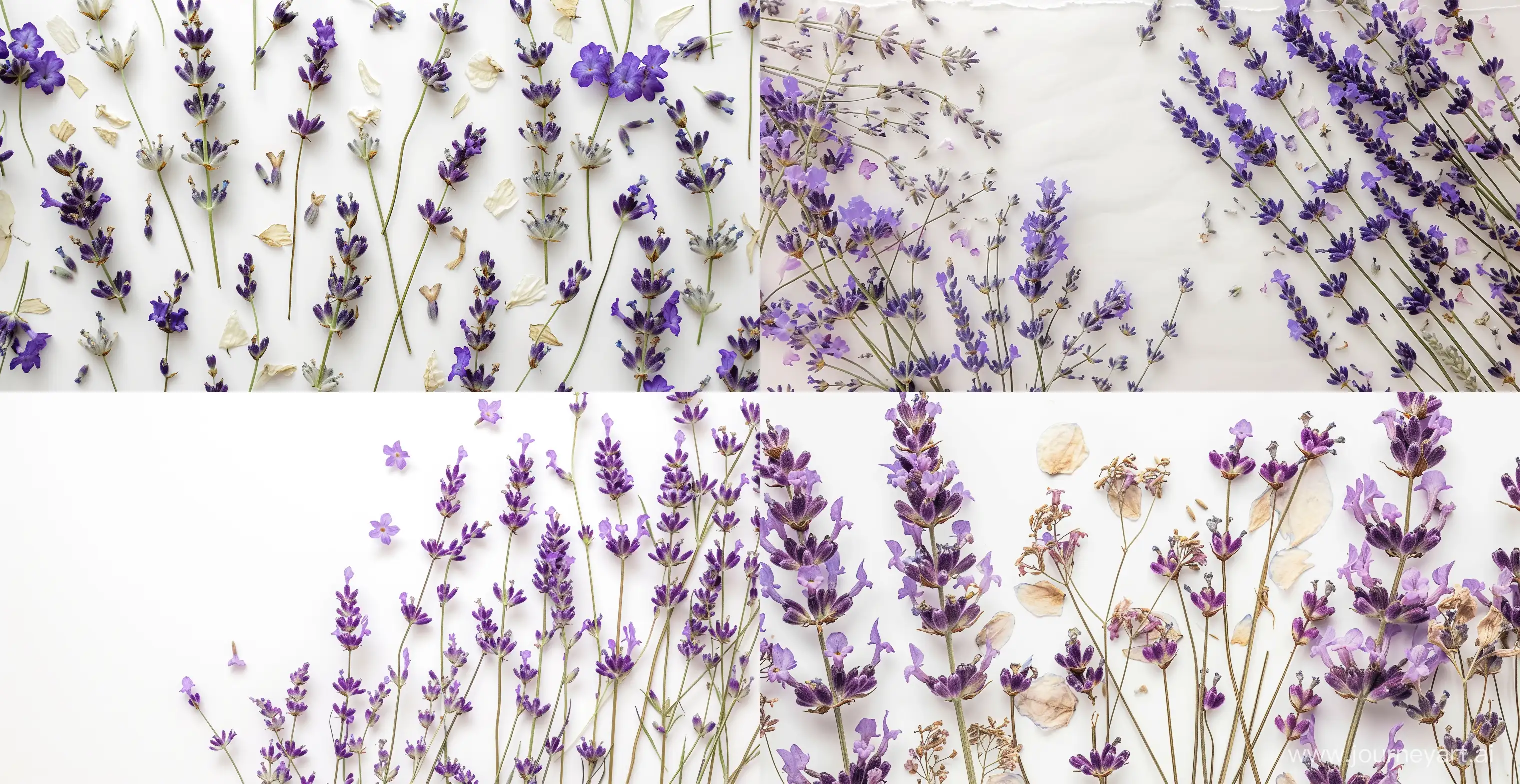 /imagine prompt lavender pressed dried flowers in the style of watercolor on a white background --ar 293:151