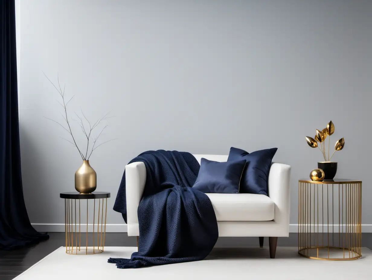 Commercial Photography, modern minimalist living room interior with white chair, a little bit navy blue blanket and golden decor