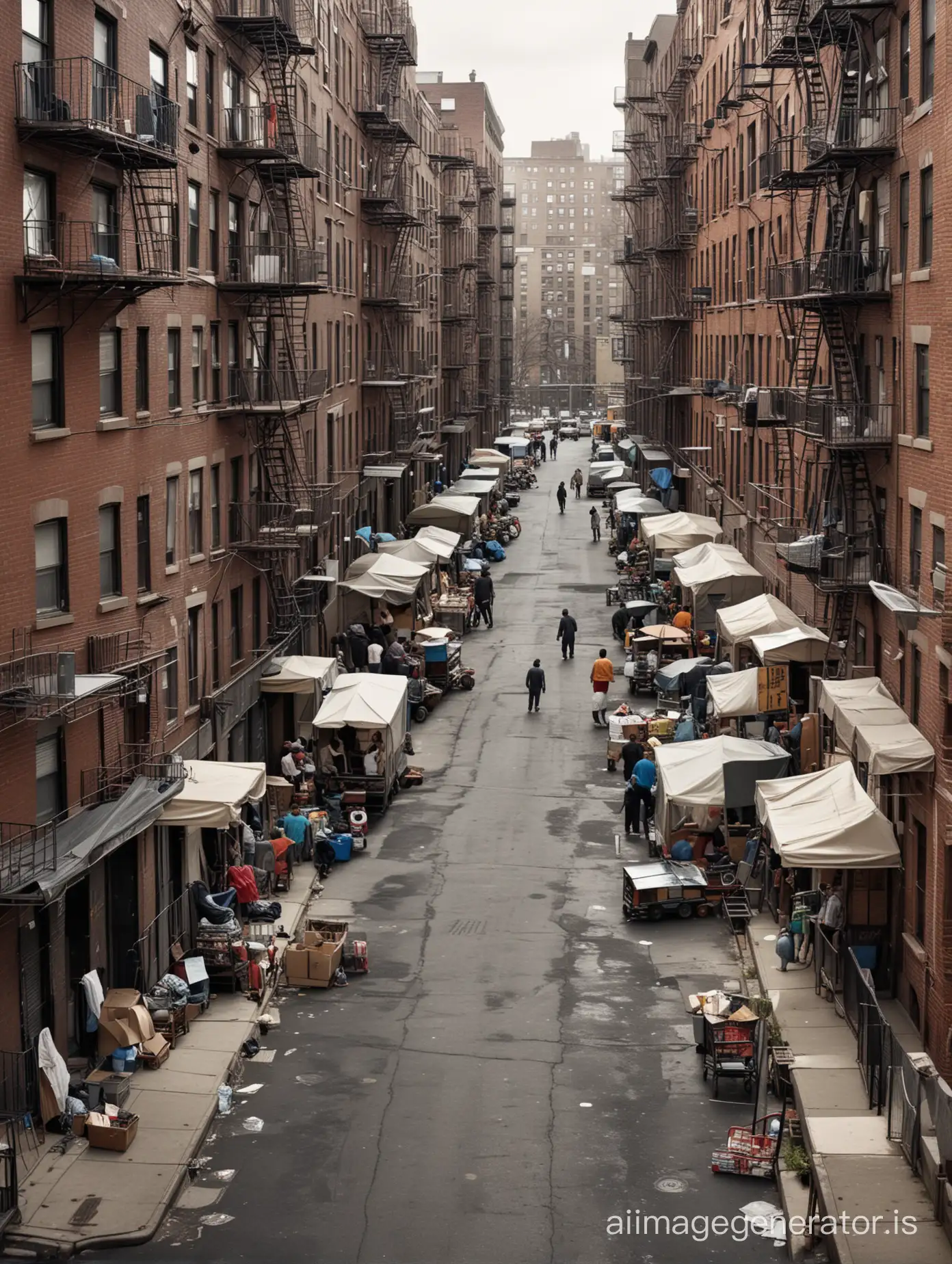 realistic photo of view from an apartment in the ghetto of nyc, public housing,  a few people in street fighting, homeless tents and shopping carts