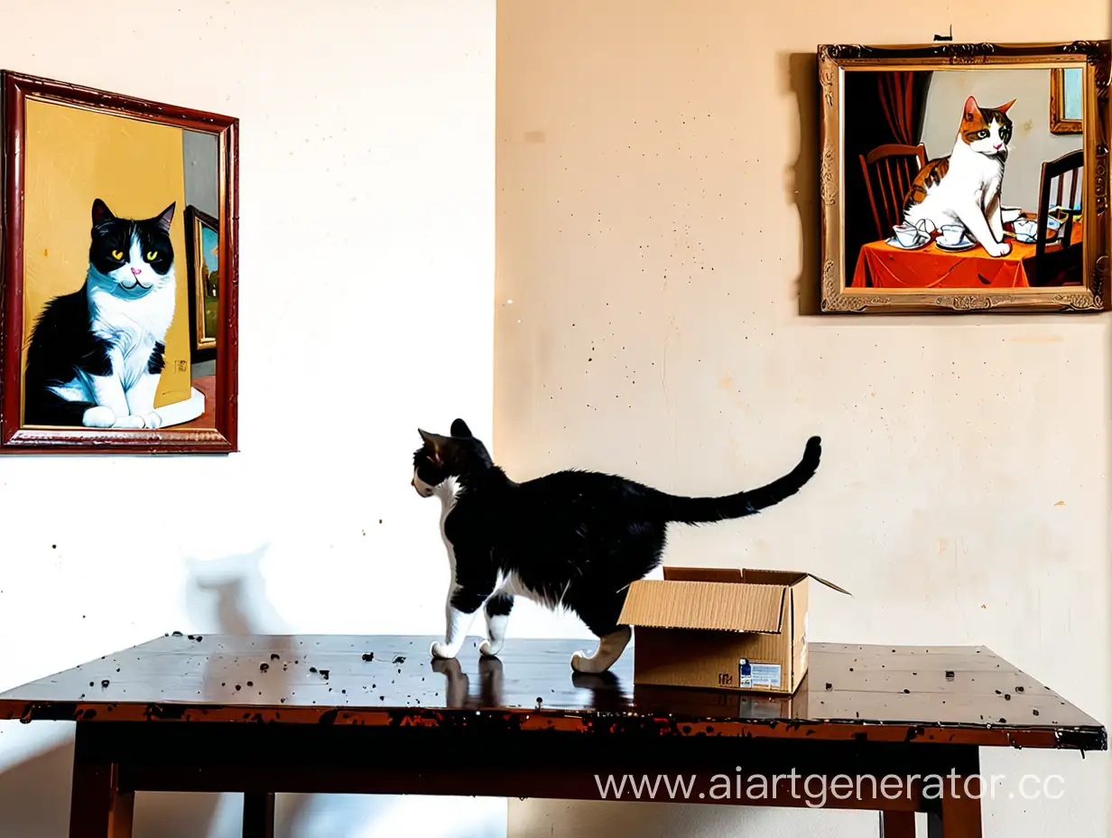 Playful-Cat-on-Table-with-Box-and-Wall-Painting