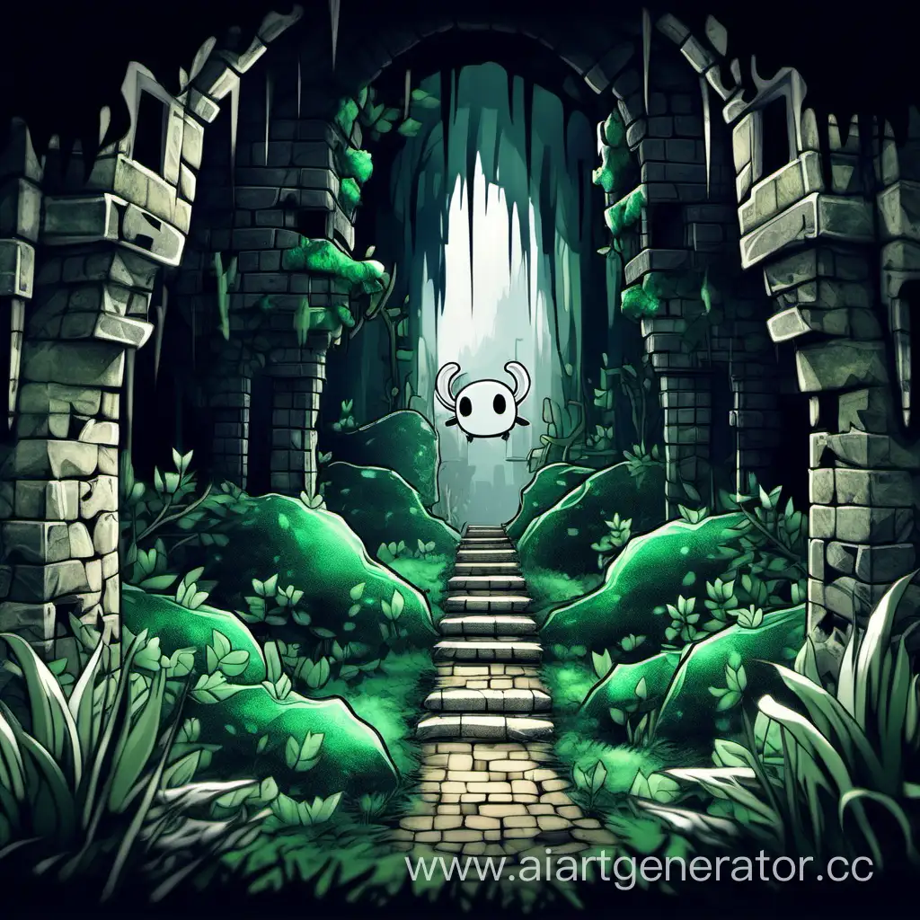 hollow knight mod preview art: the background of the location with dark green small bushes, ruins of stone walls and parkour platforms with spikes