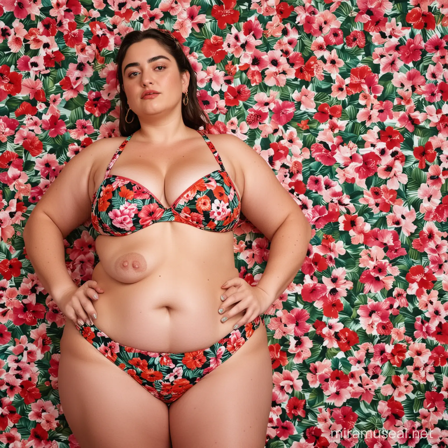 Steve Macintosh  depicting chubby Frida coelho in a bikini posing for a picture, bloated, young woman in her 20s, charli bowater, looking from side and bottom!, photograph taken in 2 0 2 0, perfect human female specimen, probably in her 30s, floral patterned skin, curves!!