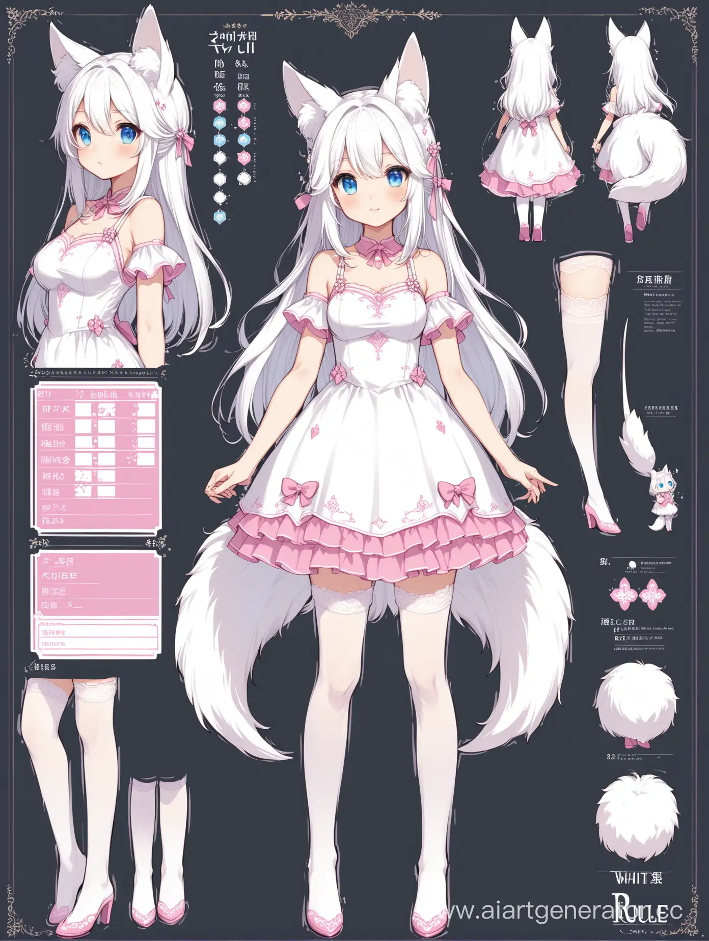 Full length character sheet, a girl with white hair and bright blue eyes, white long animal ears and a short fluffy white tail, a short pink dress and white stockings