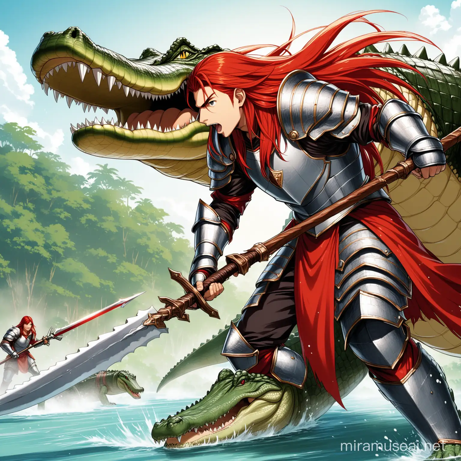 RedHaired Warrior in Armor Battles Giant Crocodile