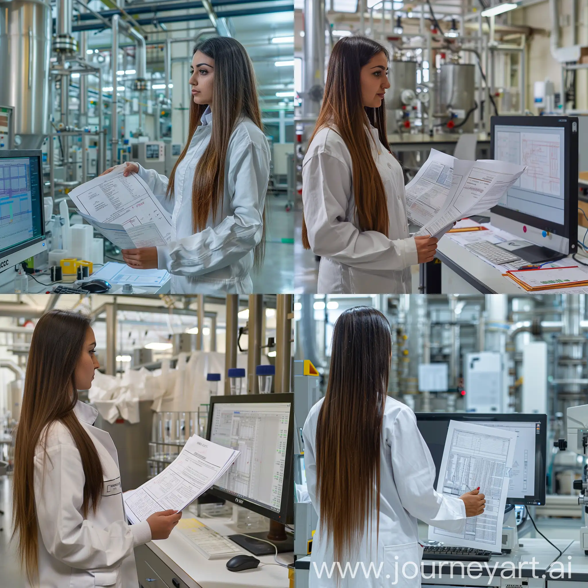 A chemical industrial inside a lab  and a women in front and she is holding  some documents. This women is tall with straight long brown hair and she has a turkey and German lineage. She is using a labor white tunic and safety boots. She is looking at computer with the program Wincc which show the schematics from the fabric
