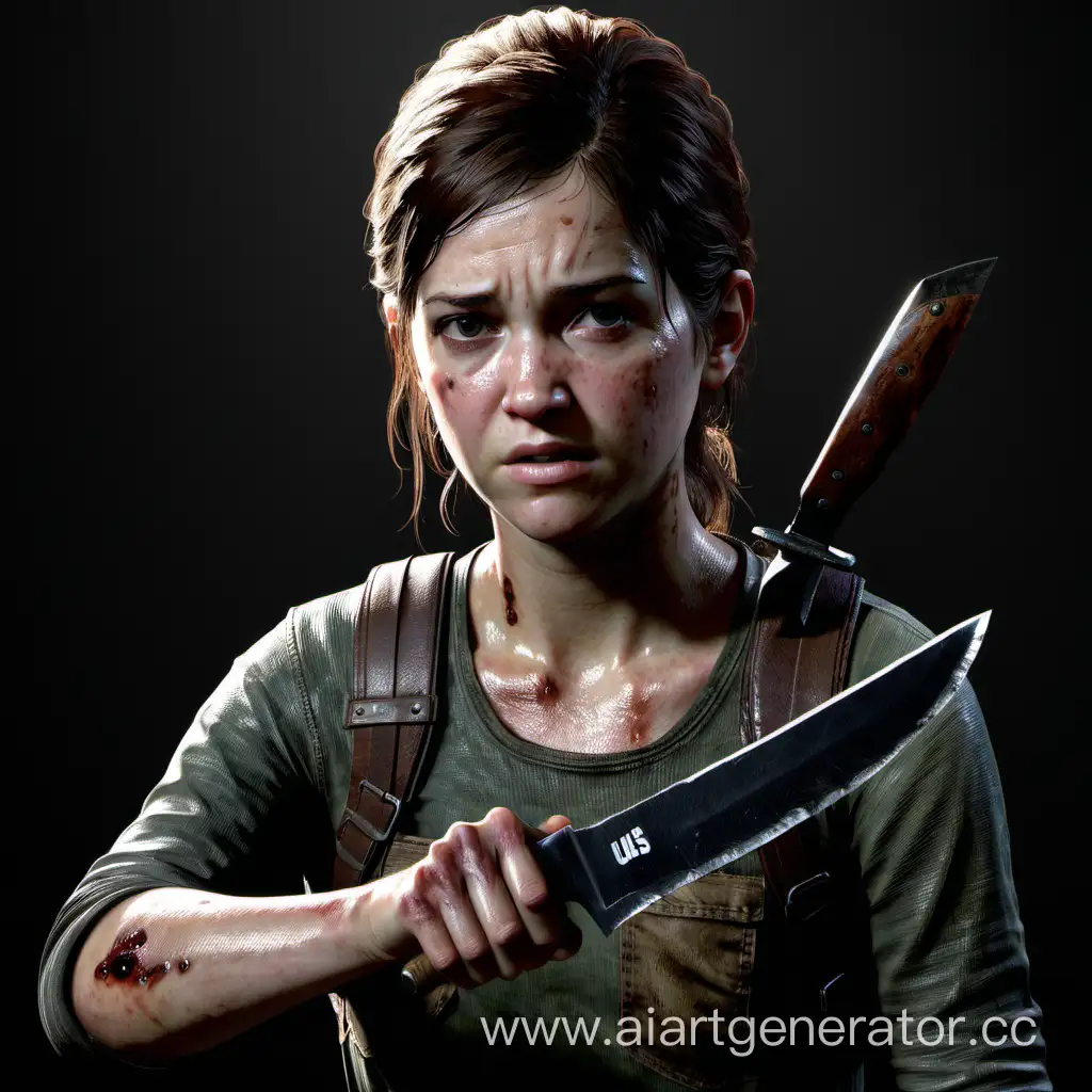 ellie from the last of us. she is holding a knife menacingly, staring at the camera