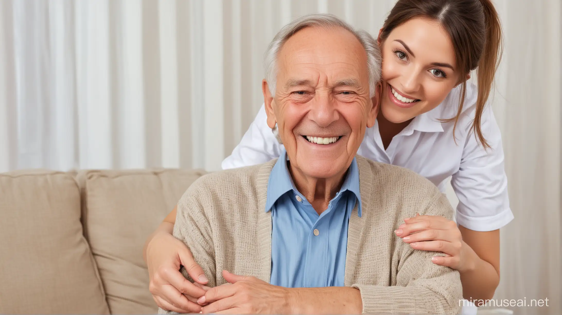 Cheerful Brunette Caregiver Assisting Joyful Elderly Man
