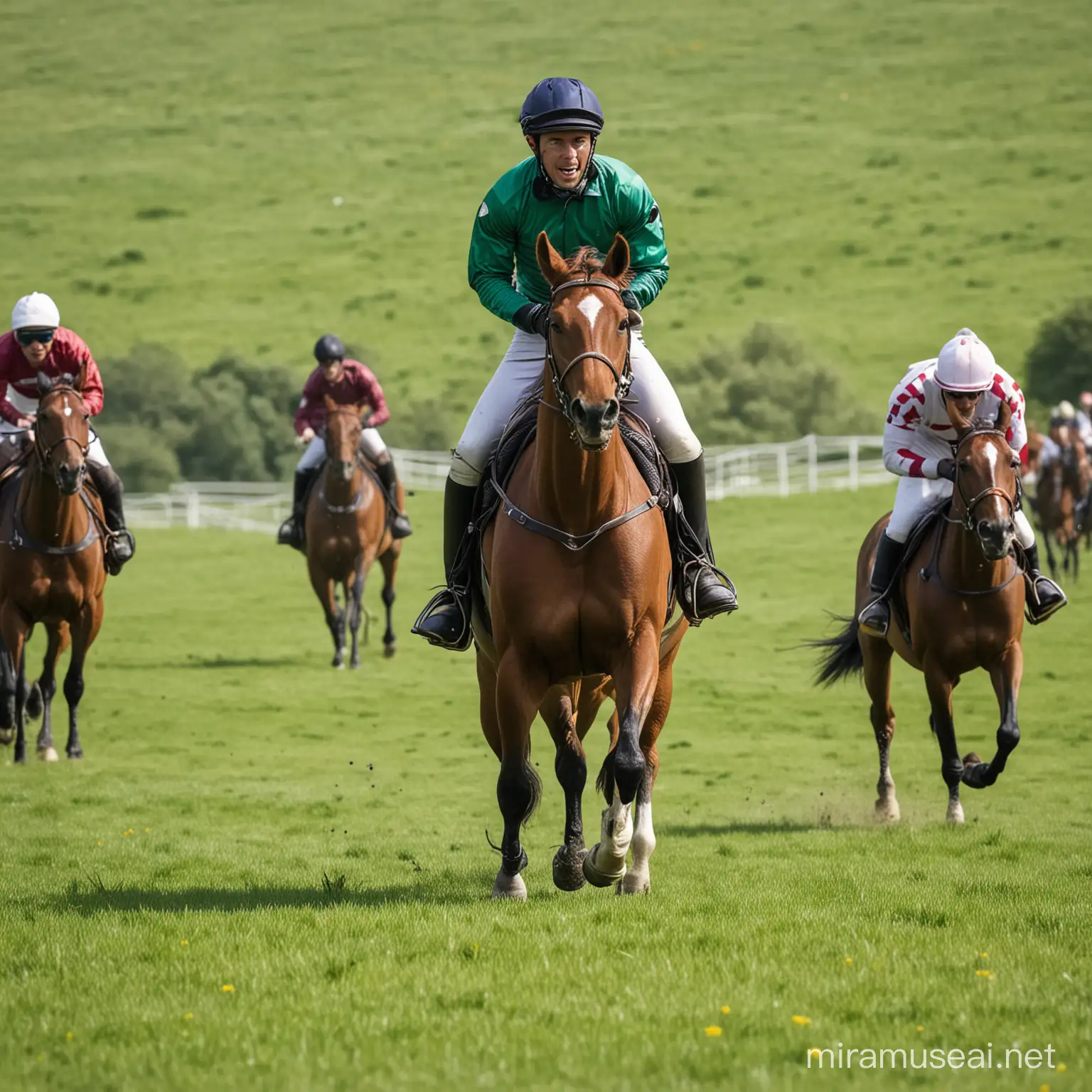Equestrian Rider Leading the Pack in Thrilling Race Across Lush Green Pasture